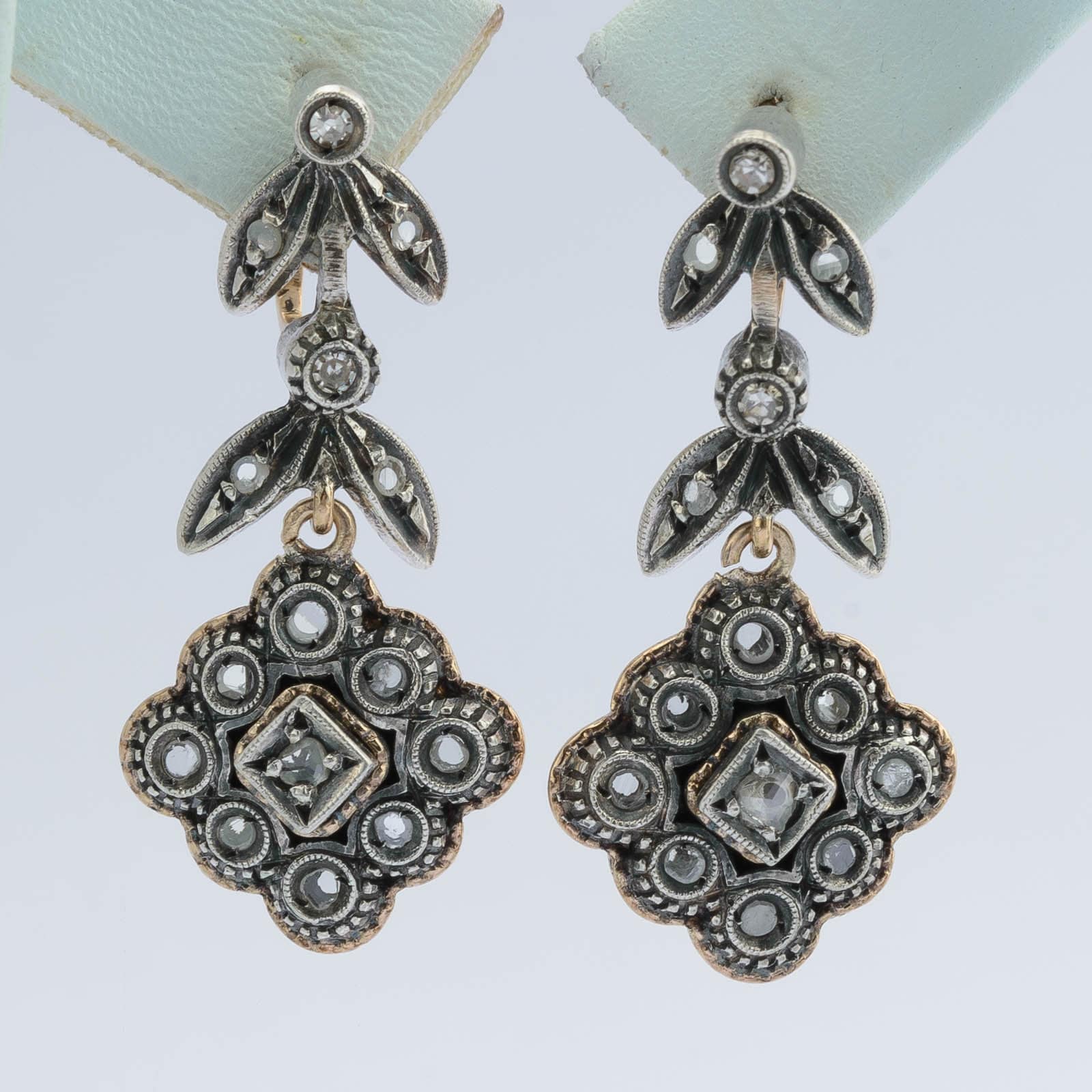 Vintage Diamond Earrings, Drop 18K Yellow Gold & Silver 1950S