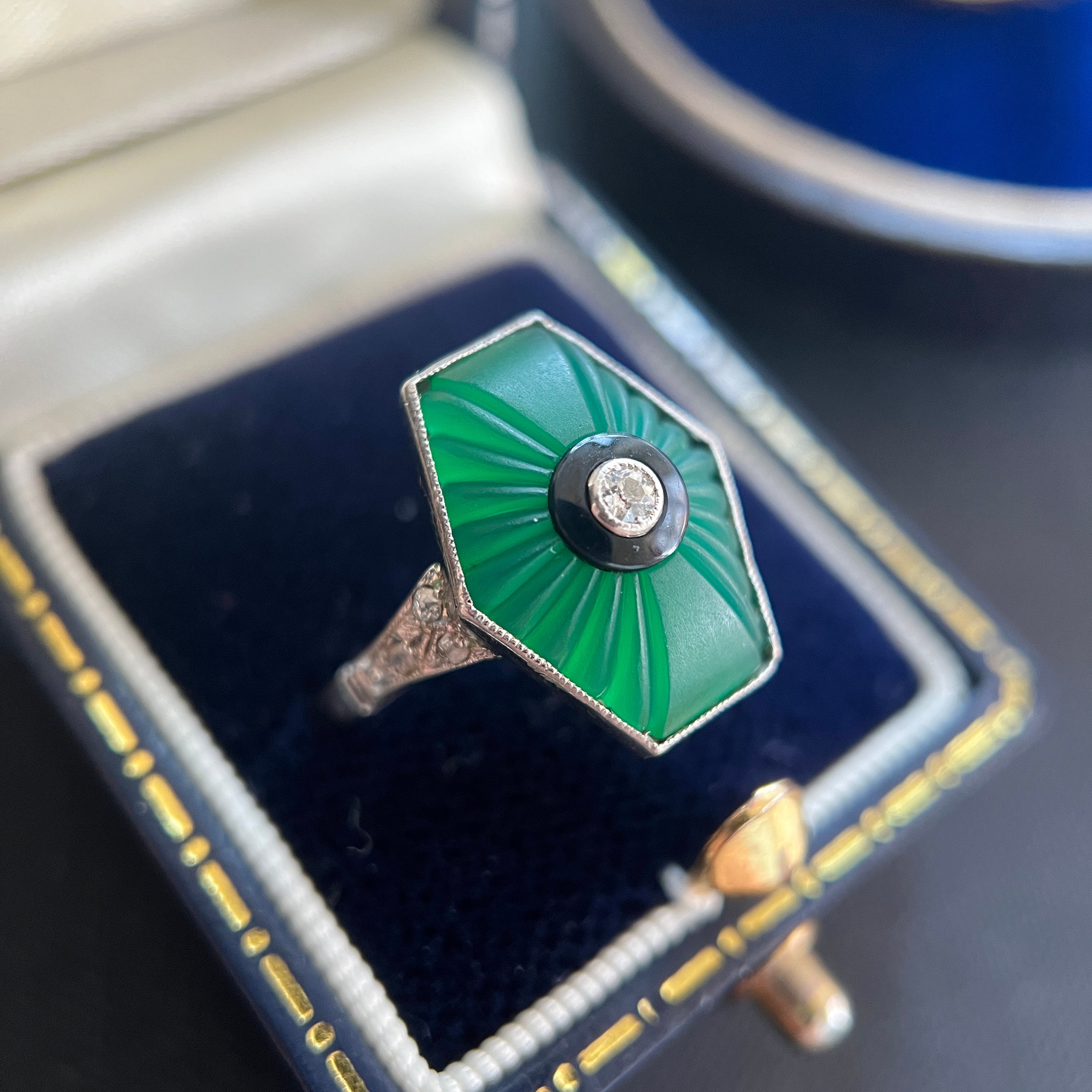 Art Deco Ring, Antique Moulded Glass, Onyx & Diamond Platinum 1920S