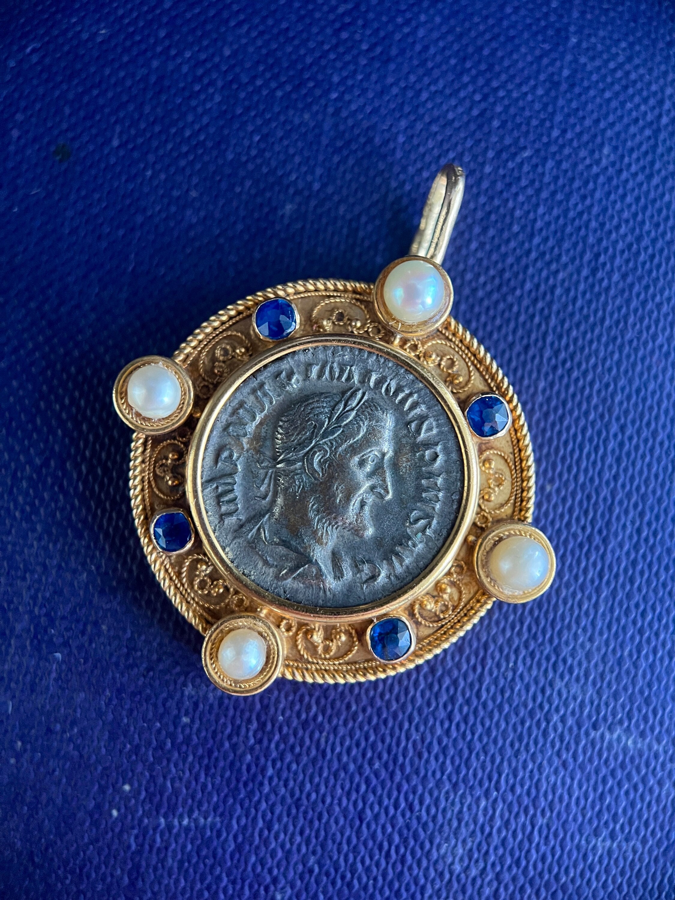 Victorian Etruscan Pendant, Antique Roman Coin 18K Gold 1860S