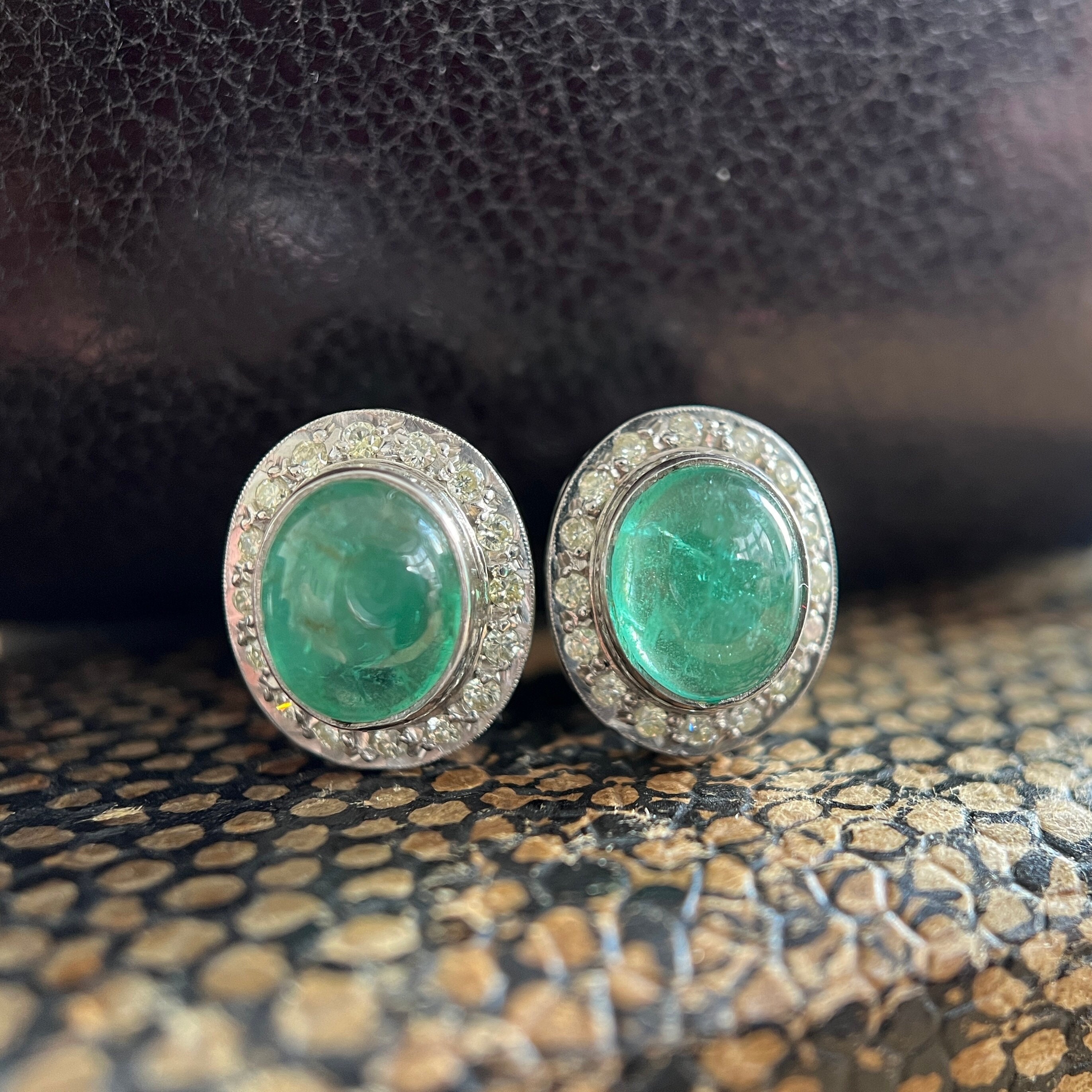 Vintage Natural Emerald & Diamond Cluster Earrings, Cabochons 14K White Gold 1970S