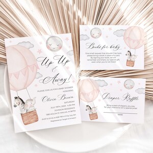 Up Up And Away Hot Air Balloon Girl Pink Baby Shower Invitation Bundle Editable Elephant Baby
