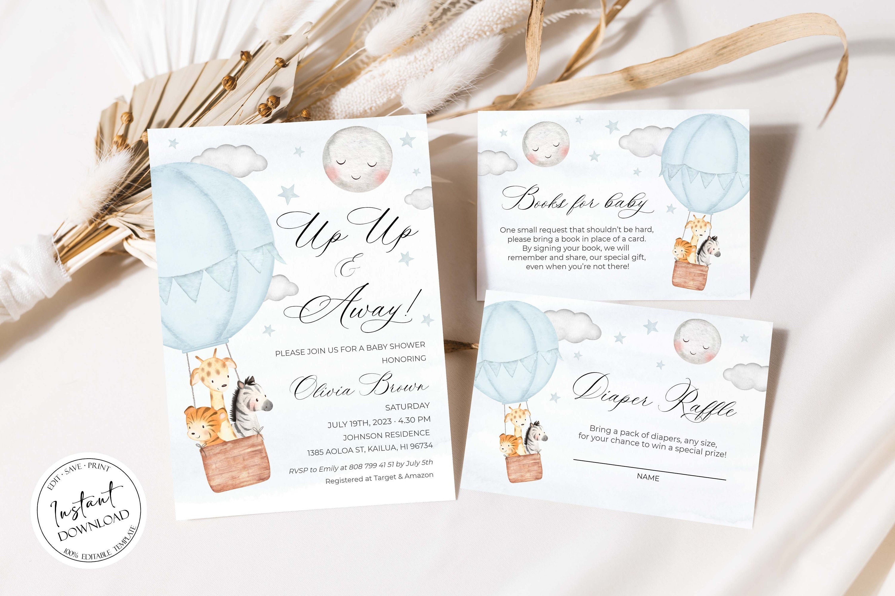 Up Up And Away Hot Air Balloon Boy Blue Baby Shower Invitation Etsy
