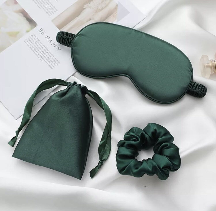 UK Premium Green Silk Eye Mask, Scrunchies With Bag Gift For Her, Valentines Gift For Her Wife Girlfriend Mom Sister, Bride’s