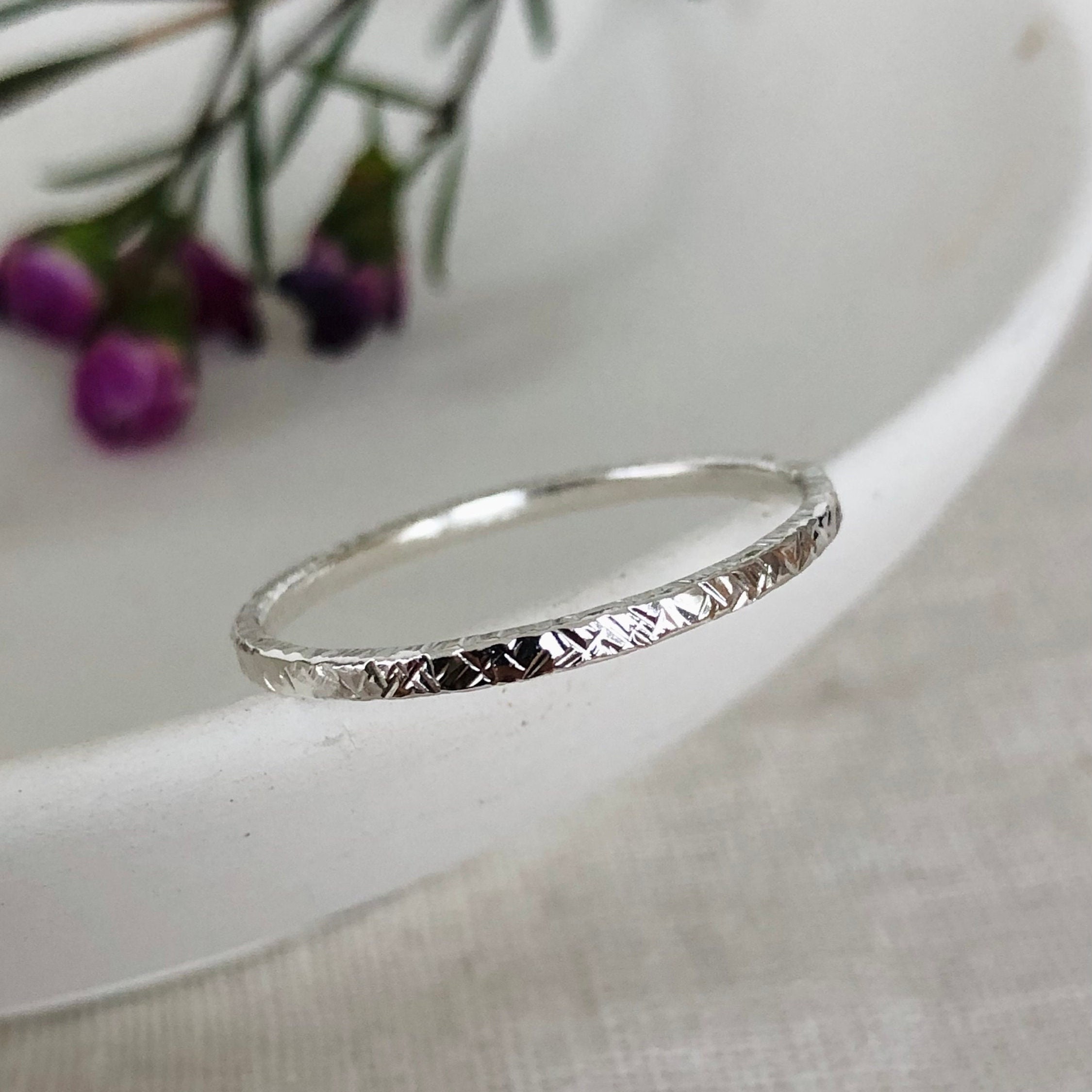 Recycled Silver Textured Slim Ring, Stacking Ring, Delicate Wedding Band - Handmade Sustainable Jewellery
