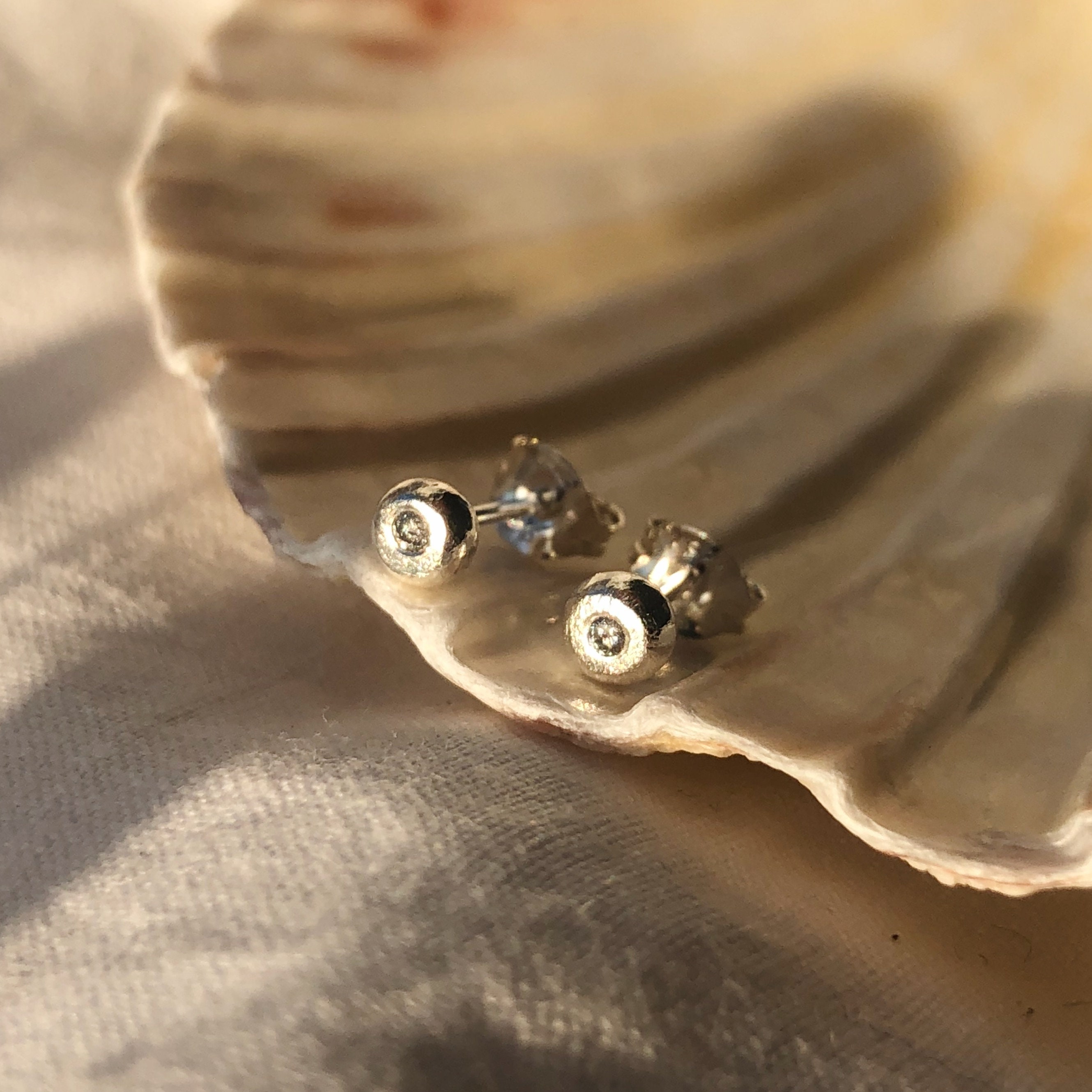 Recycled Silver Diamond Stud Earrings - Salt & Pepper Studs Gifts For Her Handmade Diamond Earrings