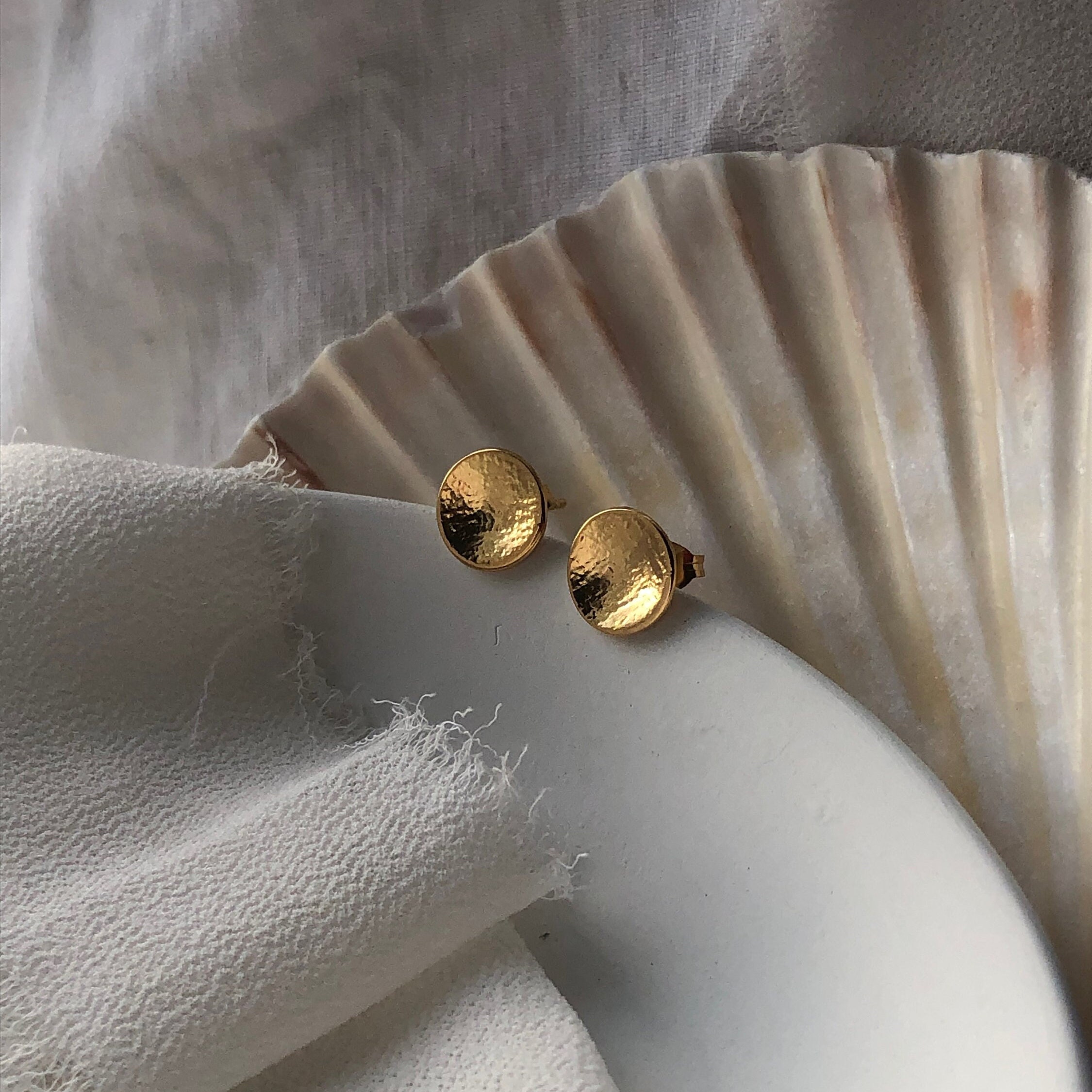 Textured Disc Stud Earrings - Small Round Recycled Silver & Gold Studs Sustainable Jewellery