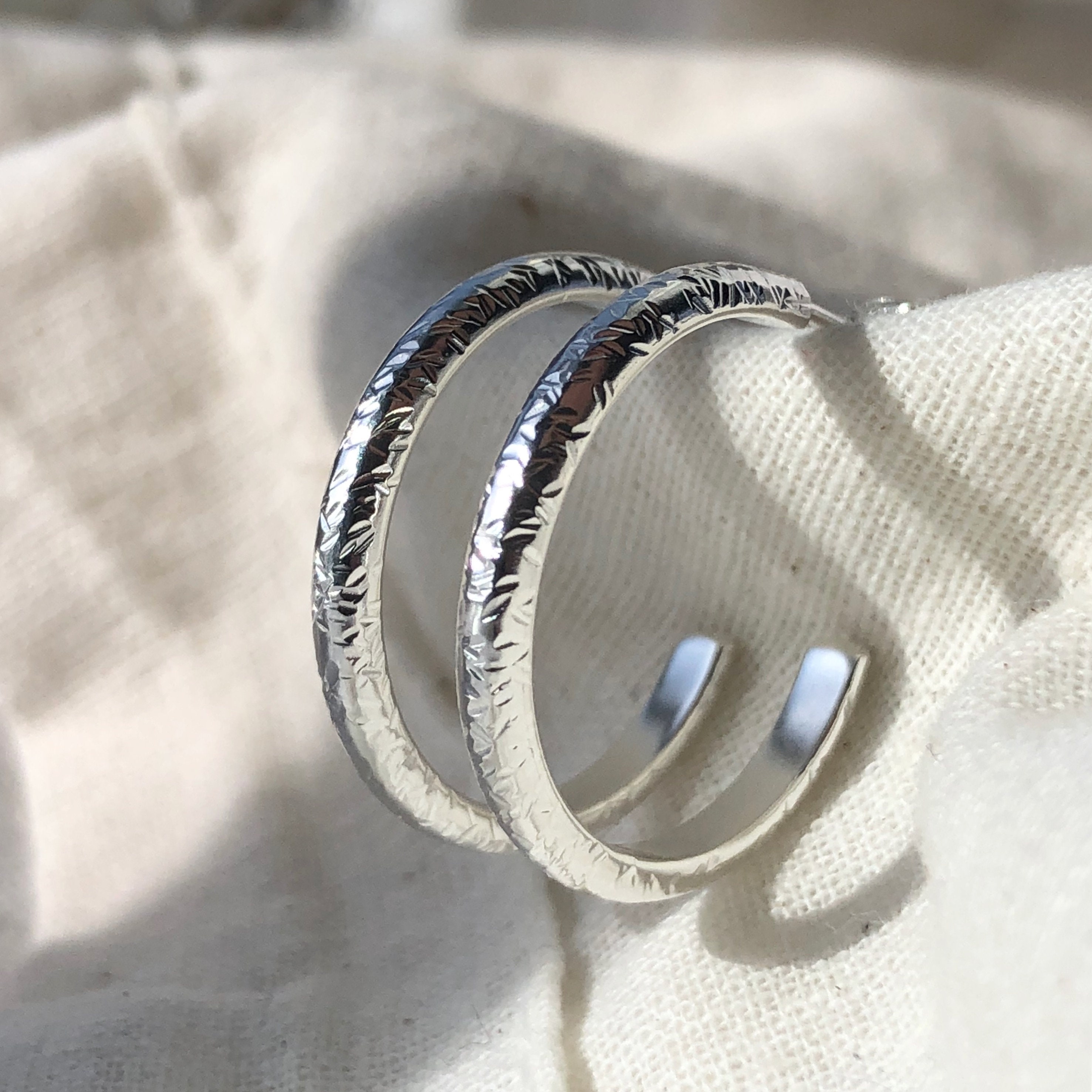 Recycled Silver Medium Hoop Earrings With Textured Detail | Classic Hoops Sustainable Jewellery| Ethical Everyday Jewellery