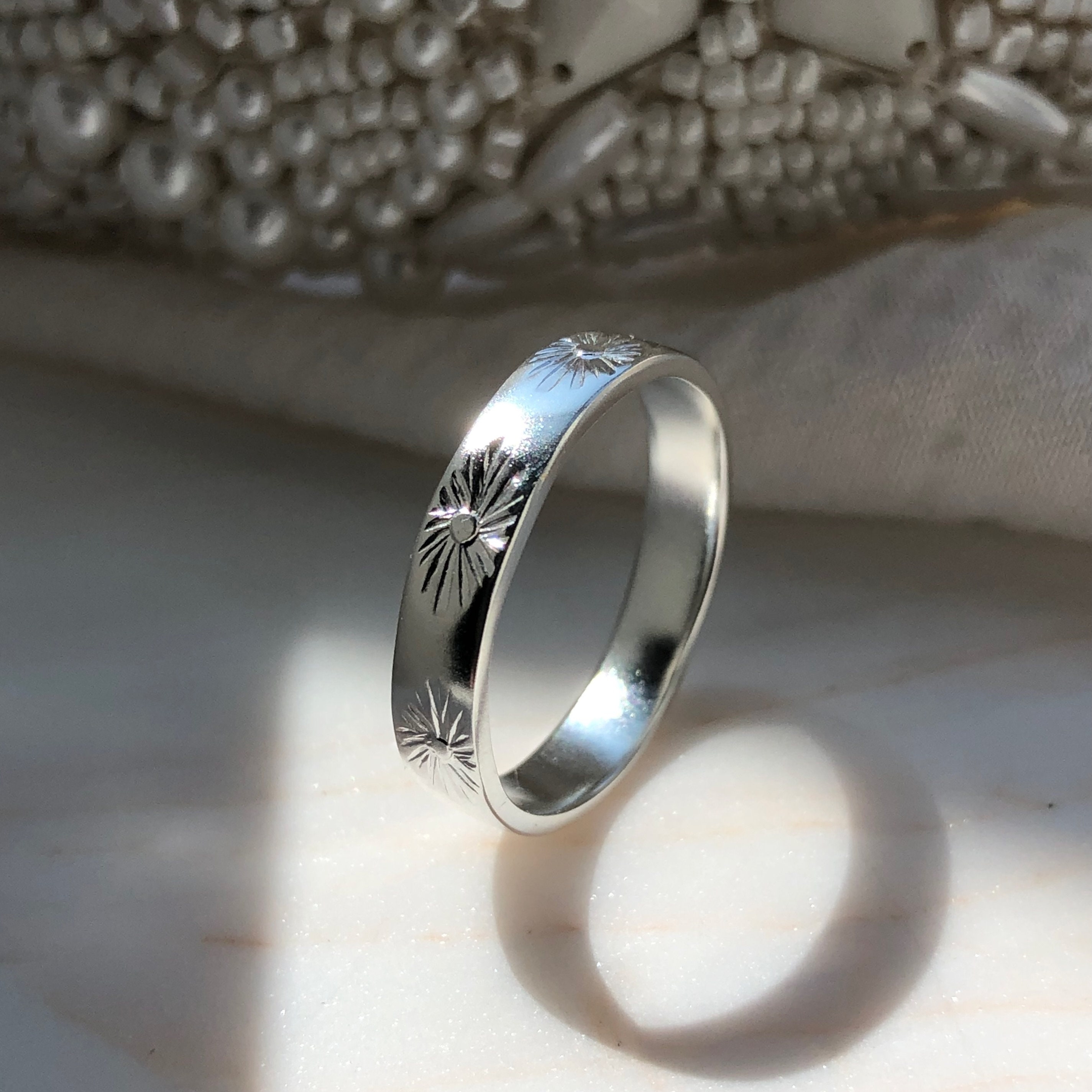 Silver Vintage Sunbeam Ring | Celestial Wedding Band Modern Sustainable Jewellery Handmade