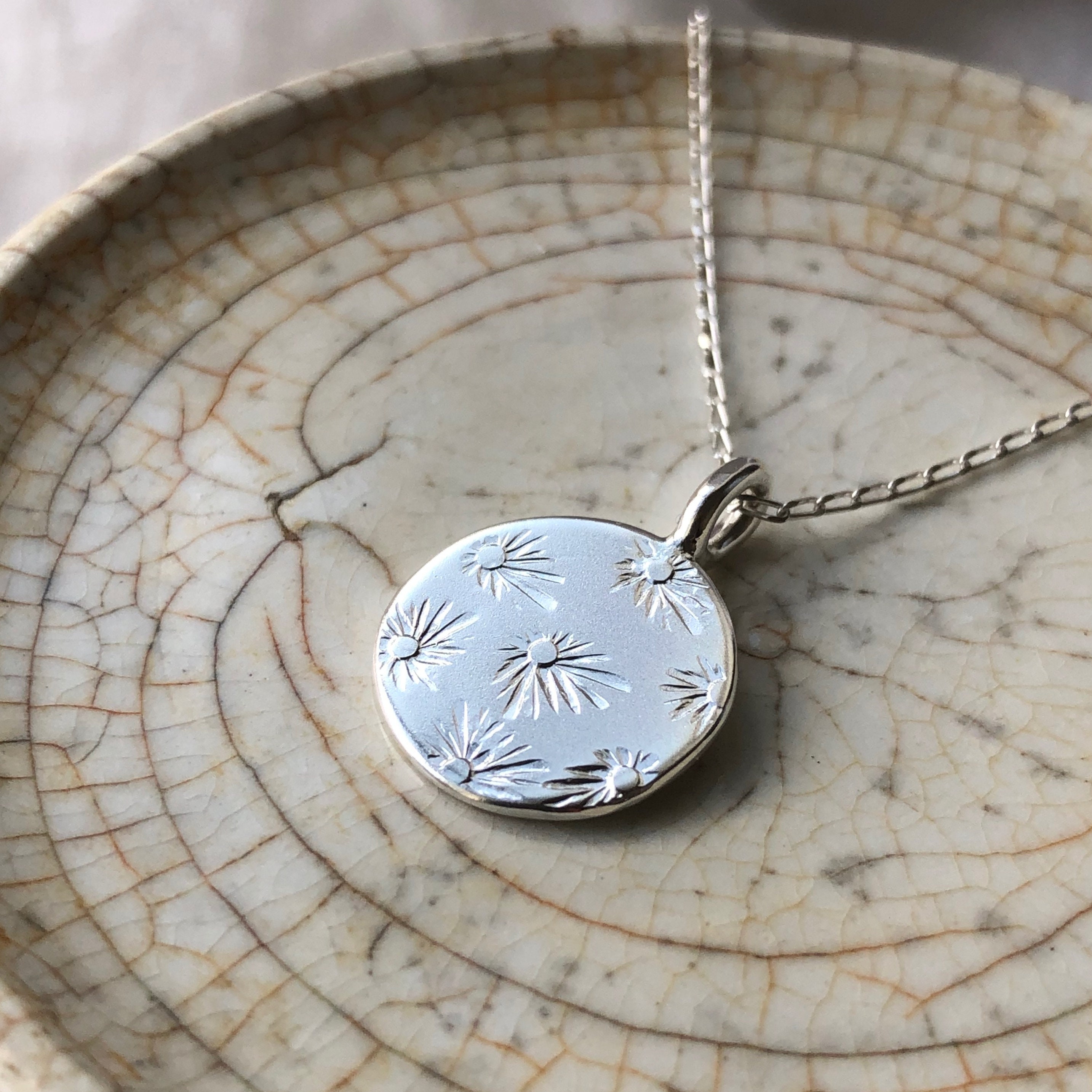 Sunbeam Disc Pendent Handmade From Recycled Sterling Silver | Vintage Pattern Sustainable Everyday Jewellery