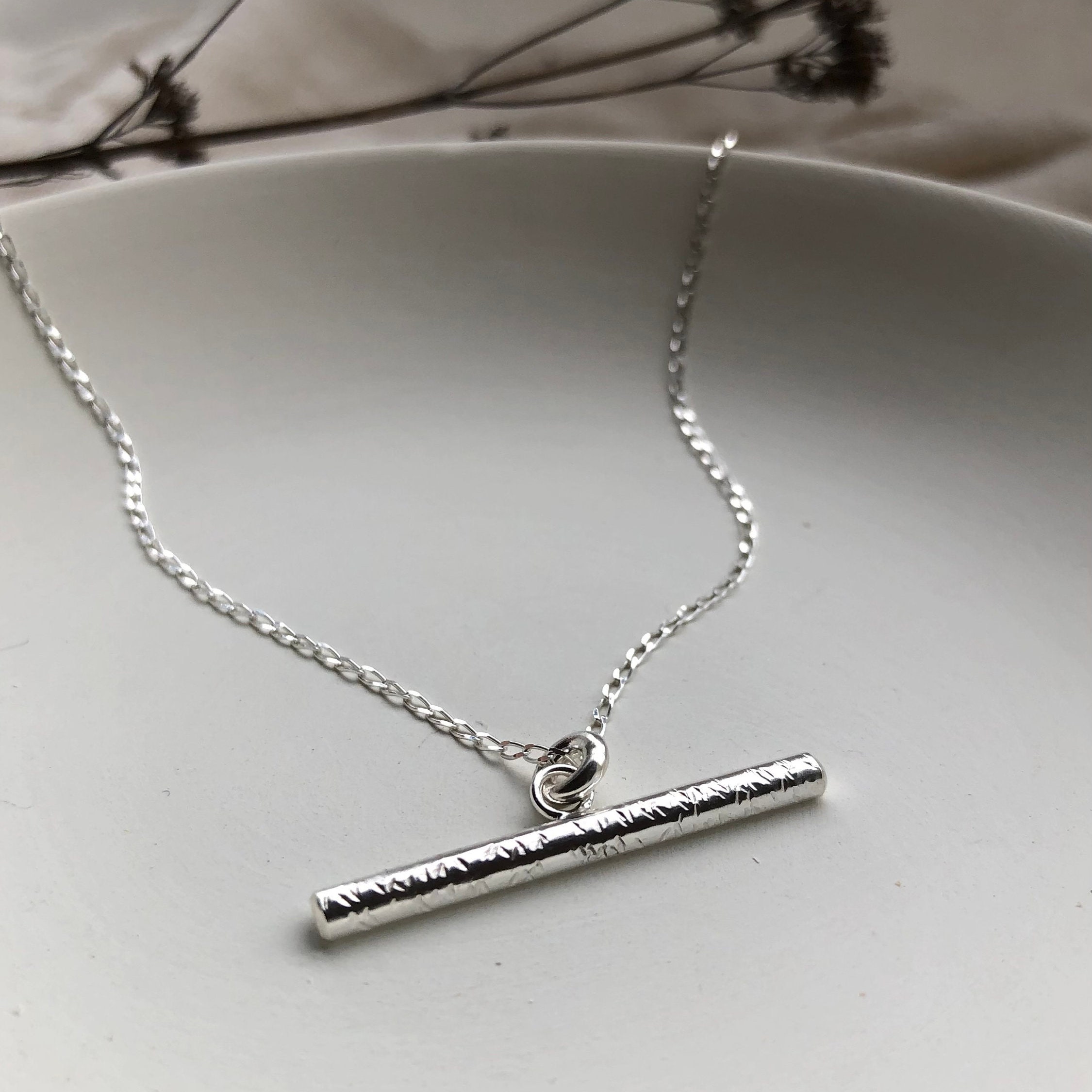 Recycled Silver Bar Necklace, Textured T.bar Pendant Handmade With Recycled Sterling Silver, Minimalist Necklace