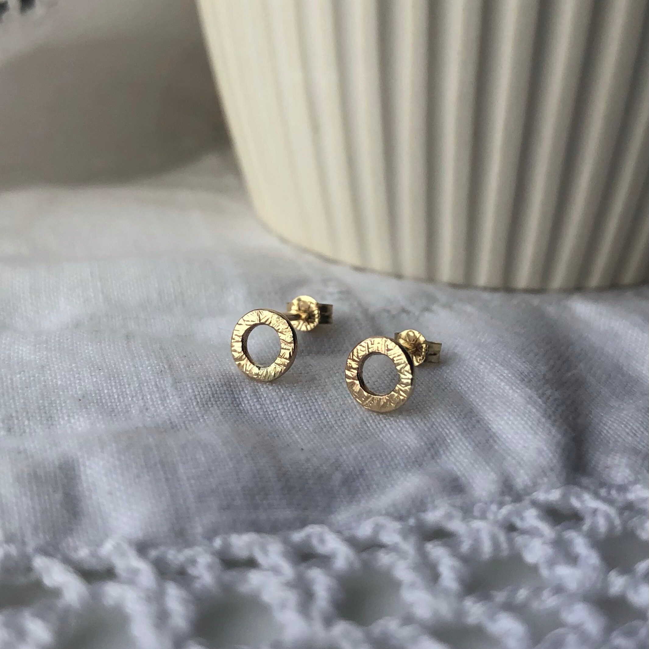 Recycled Gold Textured Circle Stud Earrings, Solid Gold Delicate Studs, Sustainable Hand Made Jewellery, Gifts For Her