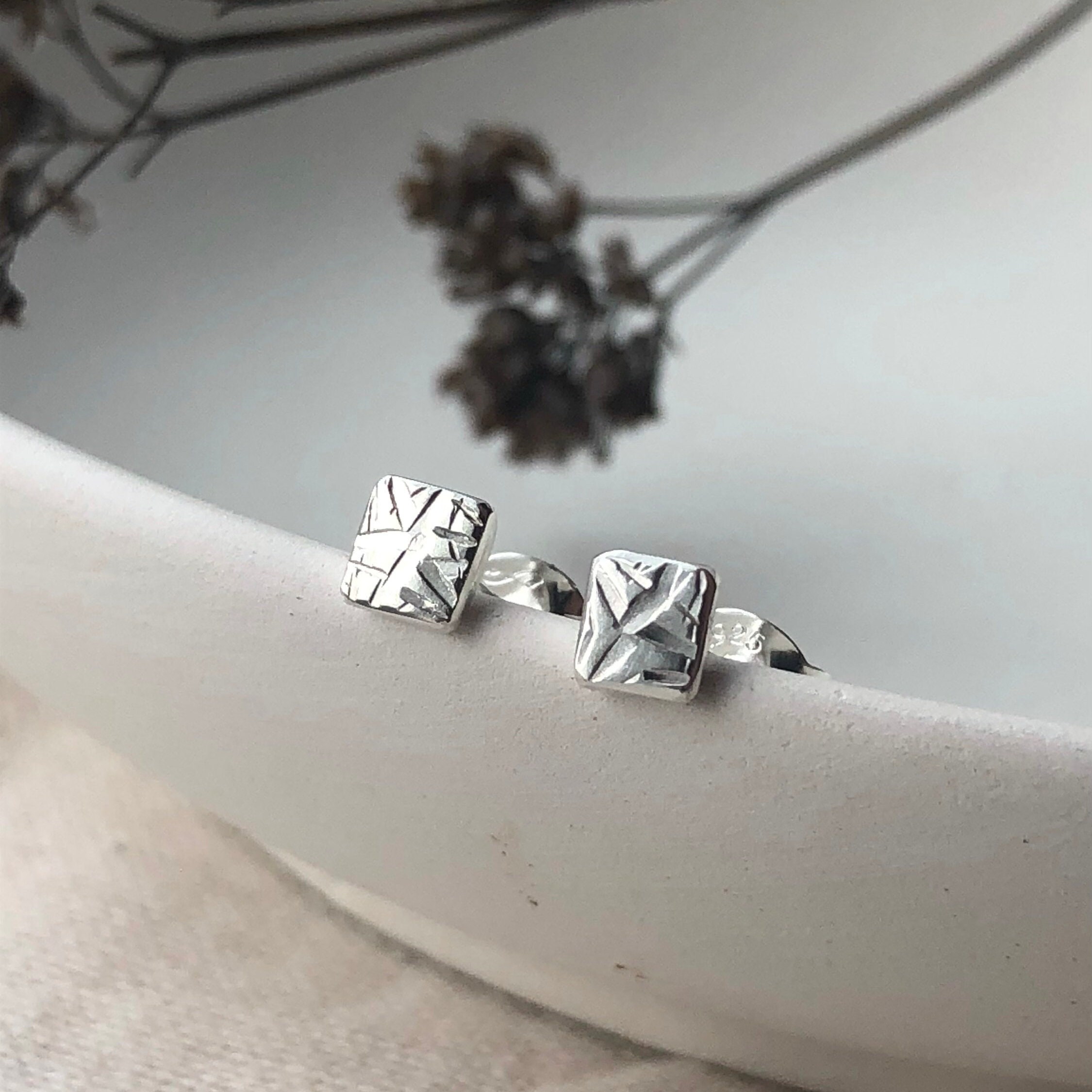 Square Textured Silver Stud Earrings - Recycled Silver Studs Stacking Handmade Sustainable Jewellery
