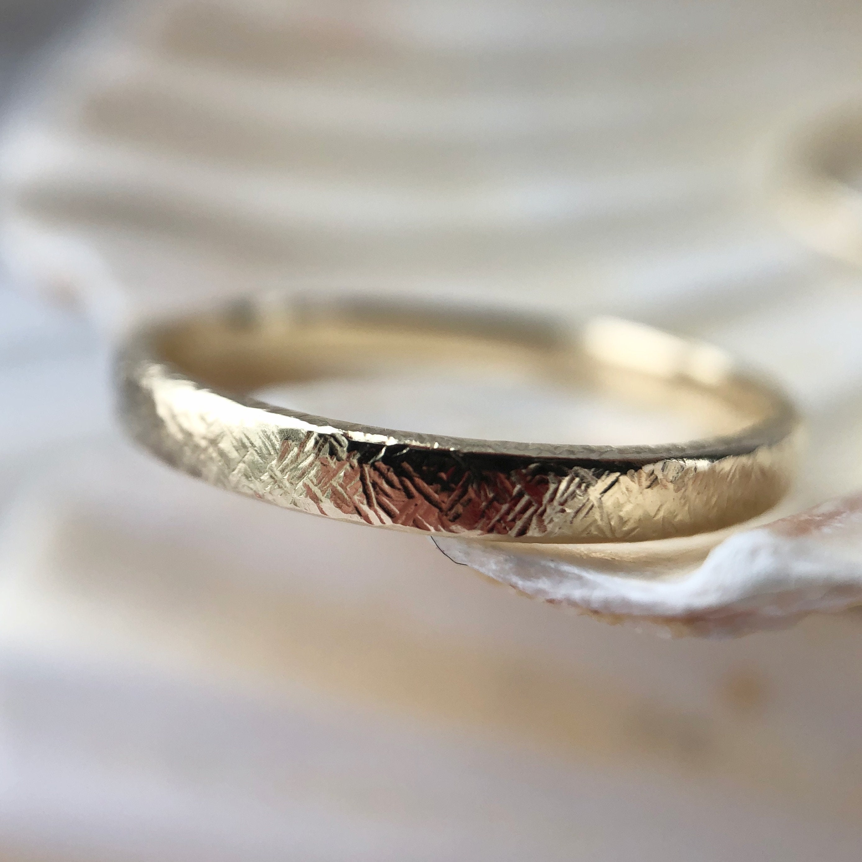 Recycled Gold Textured 2mm Ring - 9Ct Solid Delicate Wedding Band Or Beautiful Stacking Ring