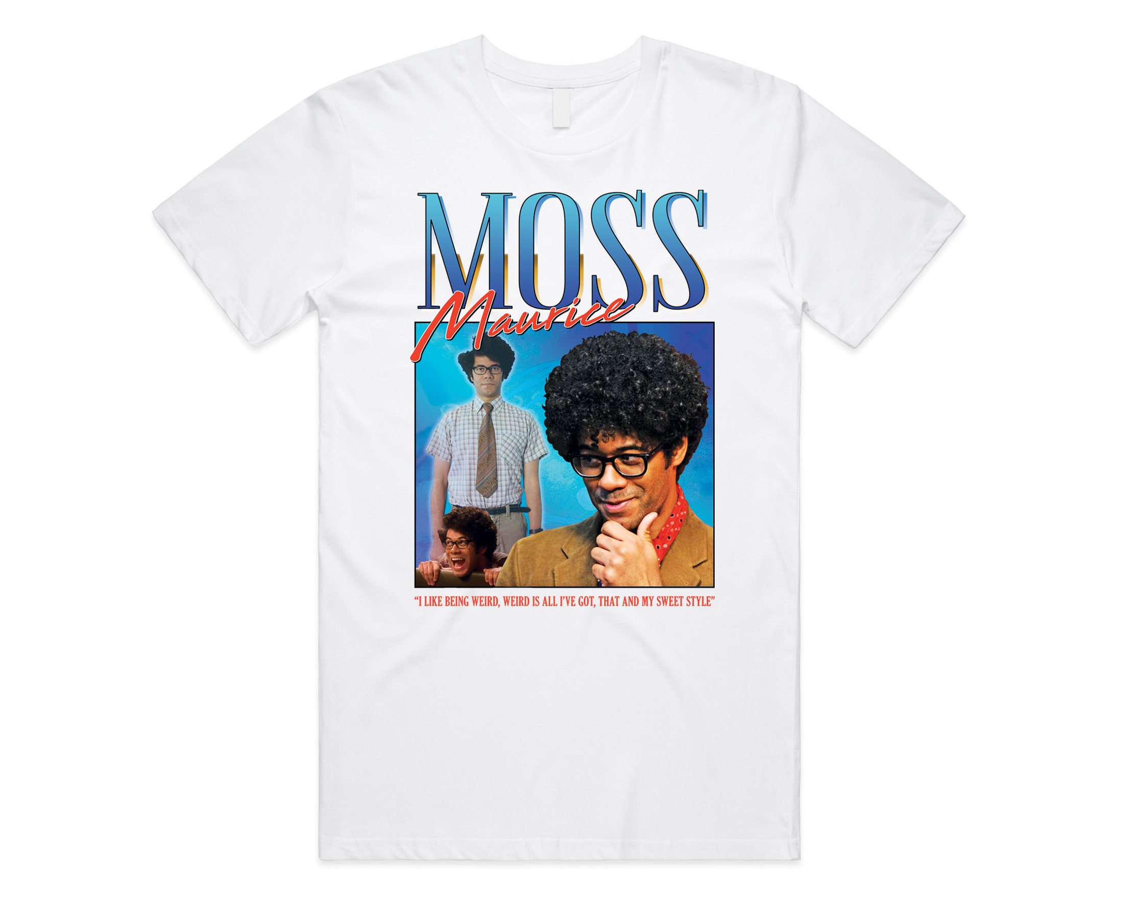 Moss Maurice Homage T-Shirt Tee Top Roy Jen It Nerd Geek Tv Show Retro 90’s Vintage Funny