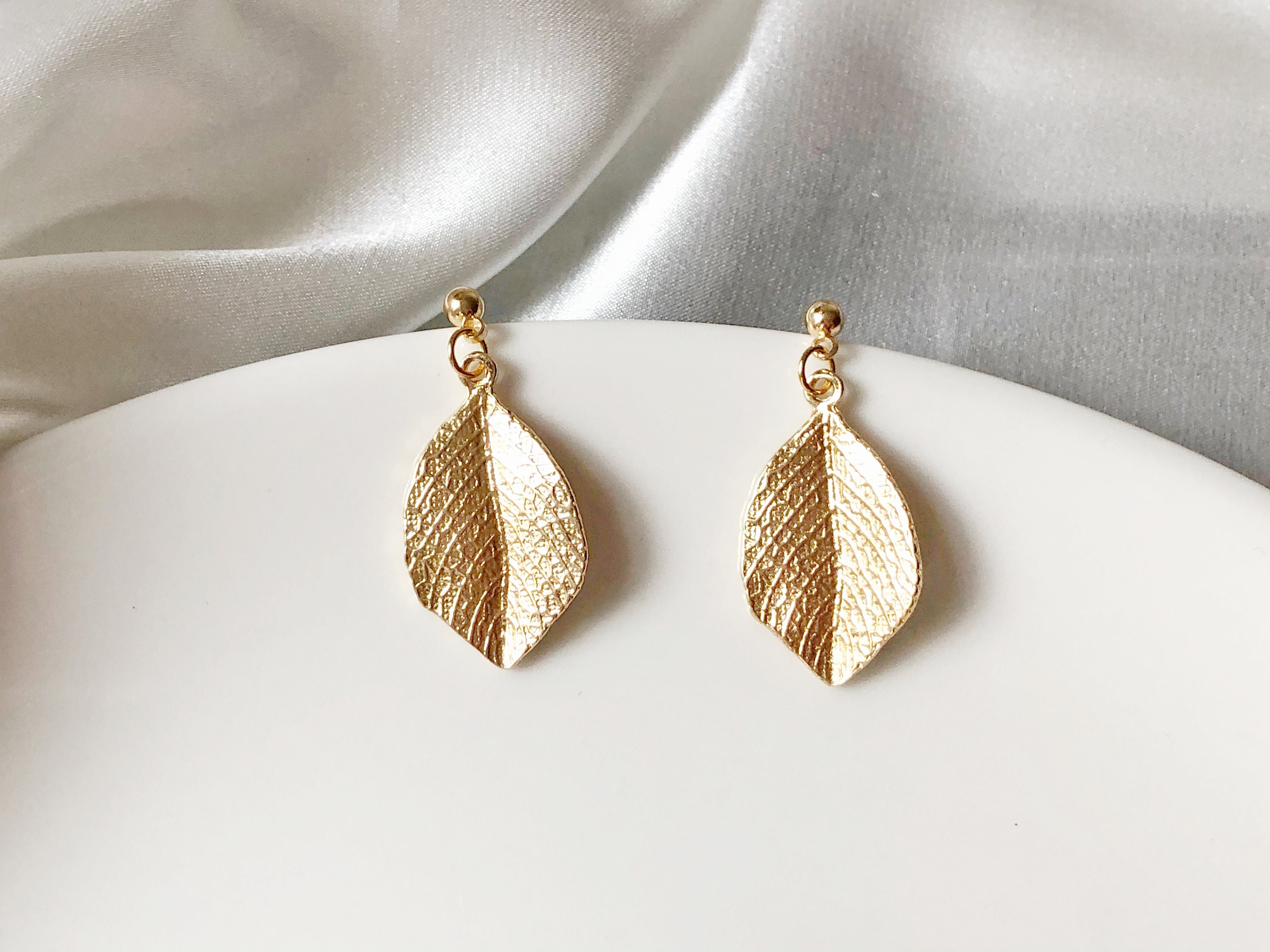 Gold Colour Leaves Clip On/ Stud Earrings, Plated Dainty Dangle Pendant, Gift For Her