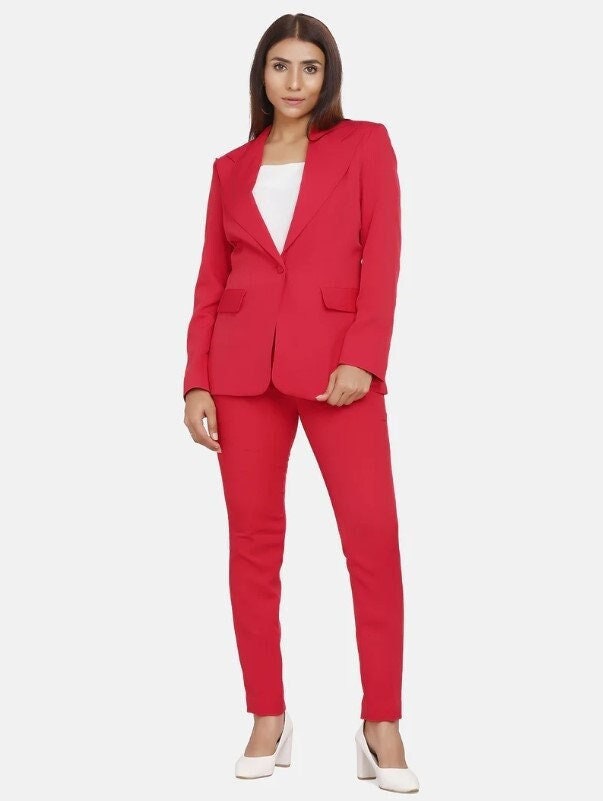 Red Stretch Pant Suit For Women 2 Piece Deep V Blazer Etsy