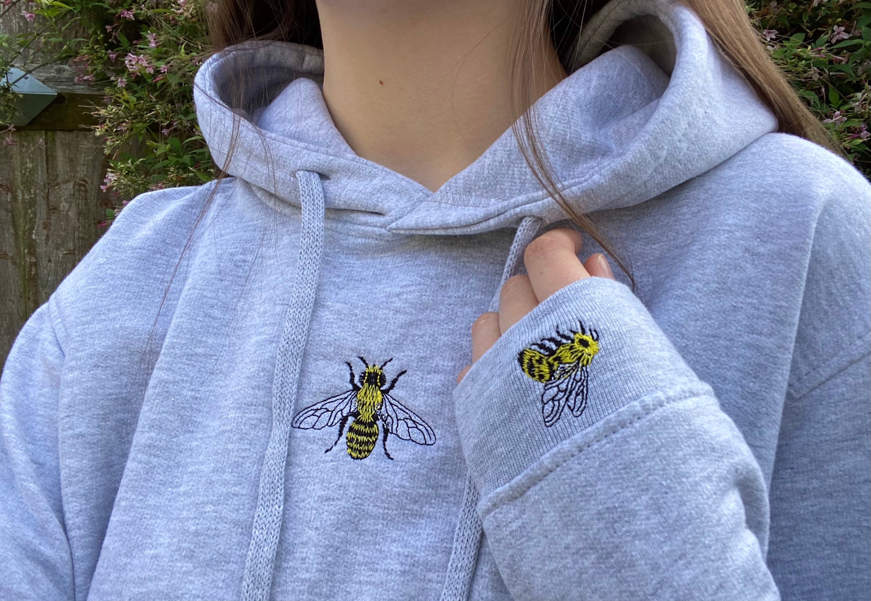 Embroidered Bee Hoodie, Bumble Bee, Honey Honey, For Him, Her, Christmas, Oversized, Gift, Present, Cotton, Vegan