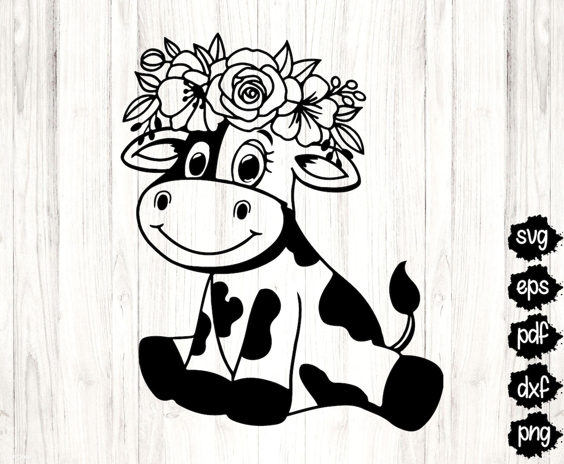 Baby Cow SVG Cow With Flower Crown SVG Floral Crown Svg Etsy