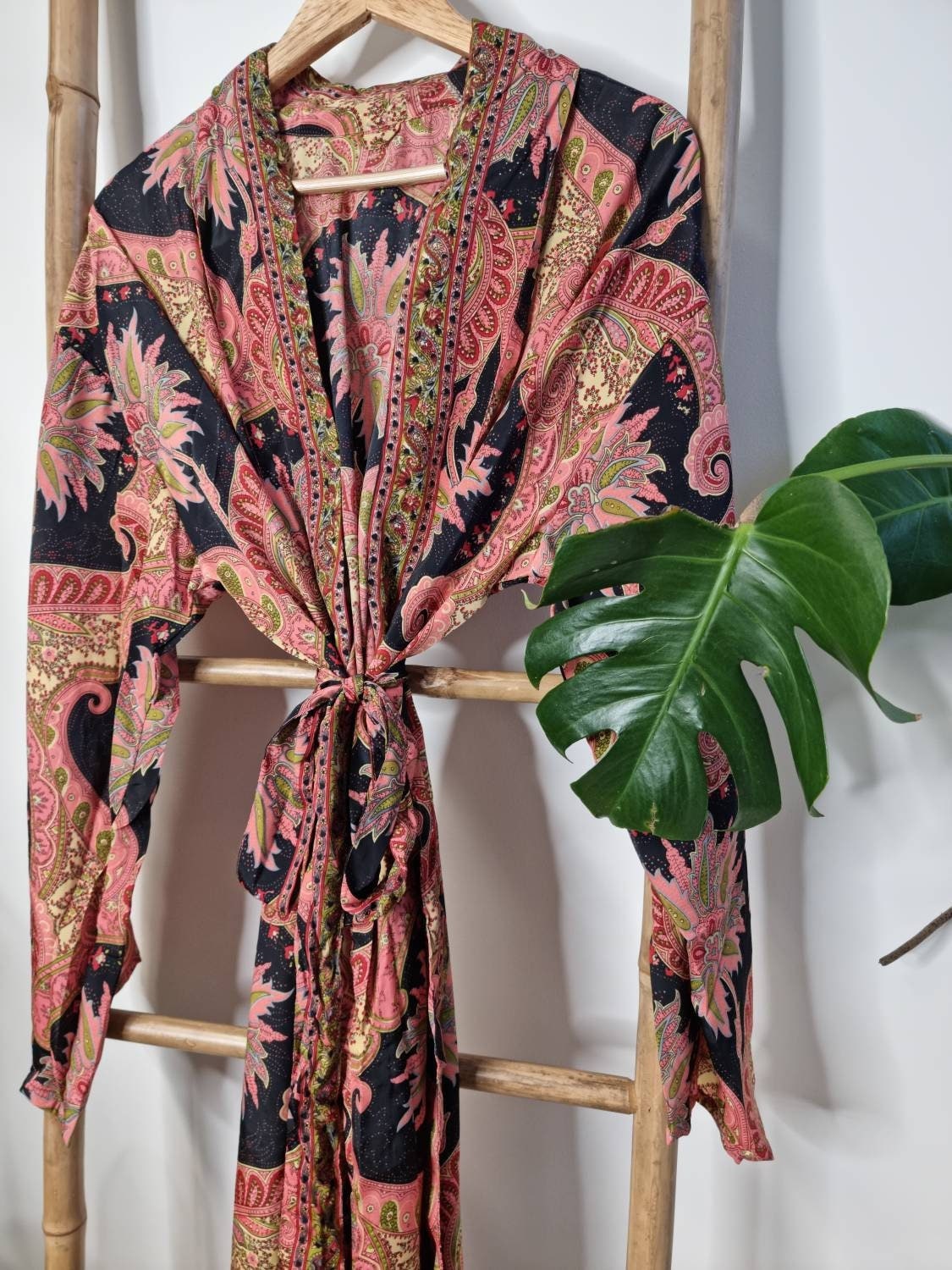 Men’s Silk Boho Kimonos Man House Beach Artist Robe - Black Palm Persian Tropical Pink Romance Trees