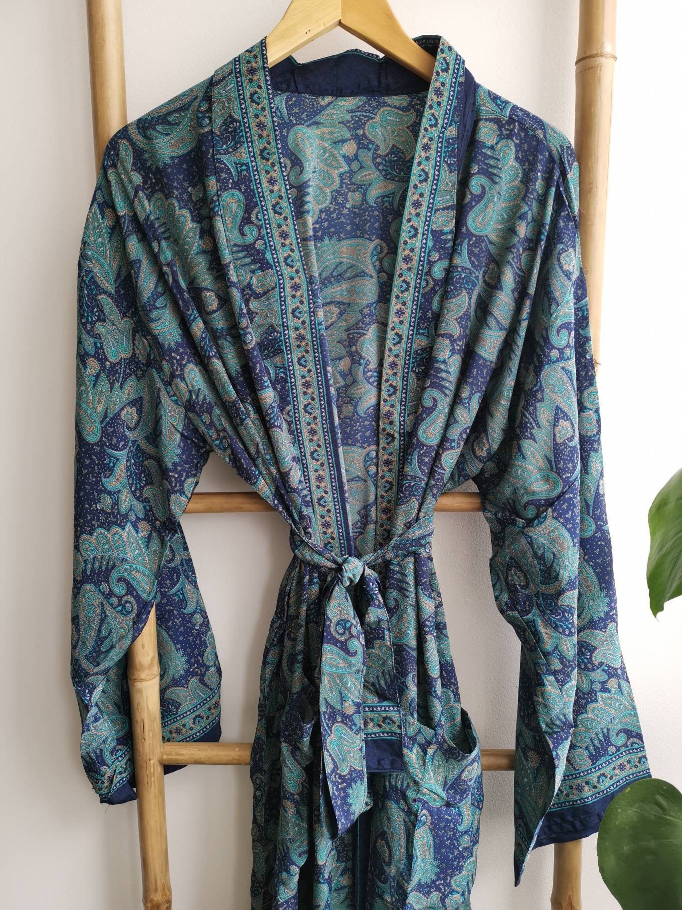 Men’s Silk Boho Kimonos Man House Beach Artist Robe - Navy Paisley Regal Romance