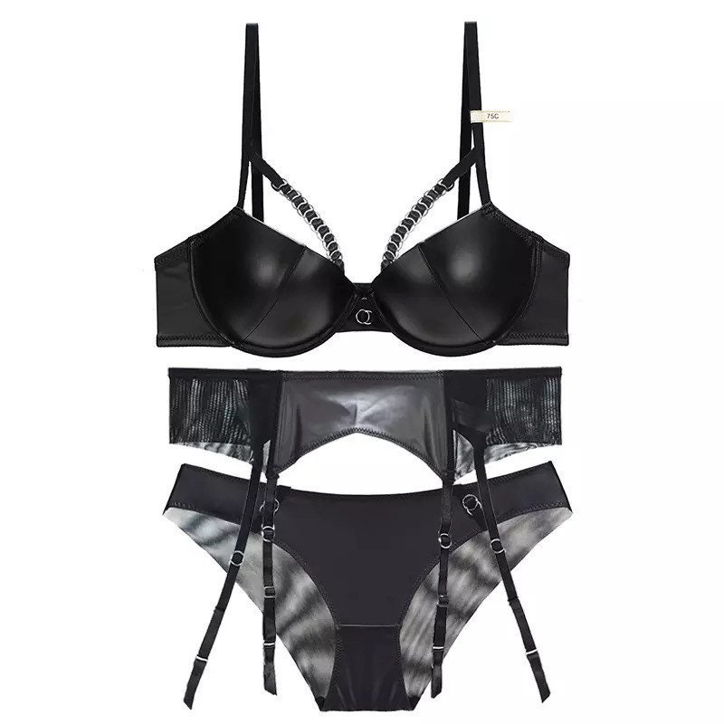 Sexy Premium Leather Push Up Bra And Lingerie Set Breast Contouring