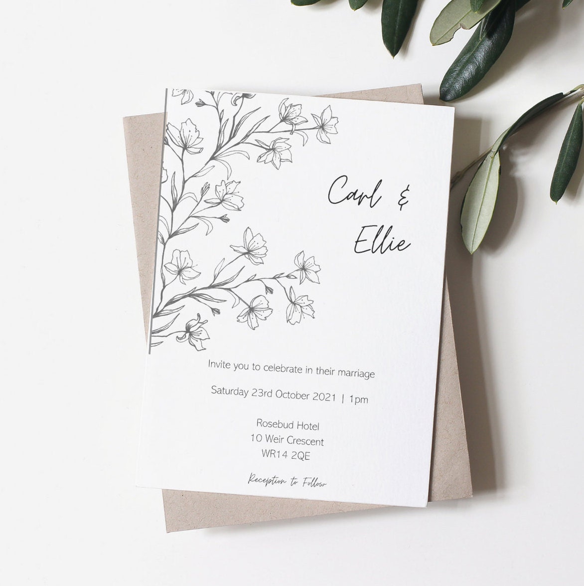 Wedding Invitation | With Envelope Simple Elegant Personalised Floral Wax Seal