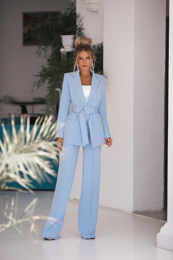 Light Blue Pantsuit For Women Blazer Trouser Suit Set For Etsy