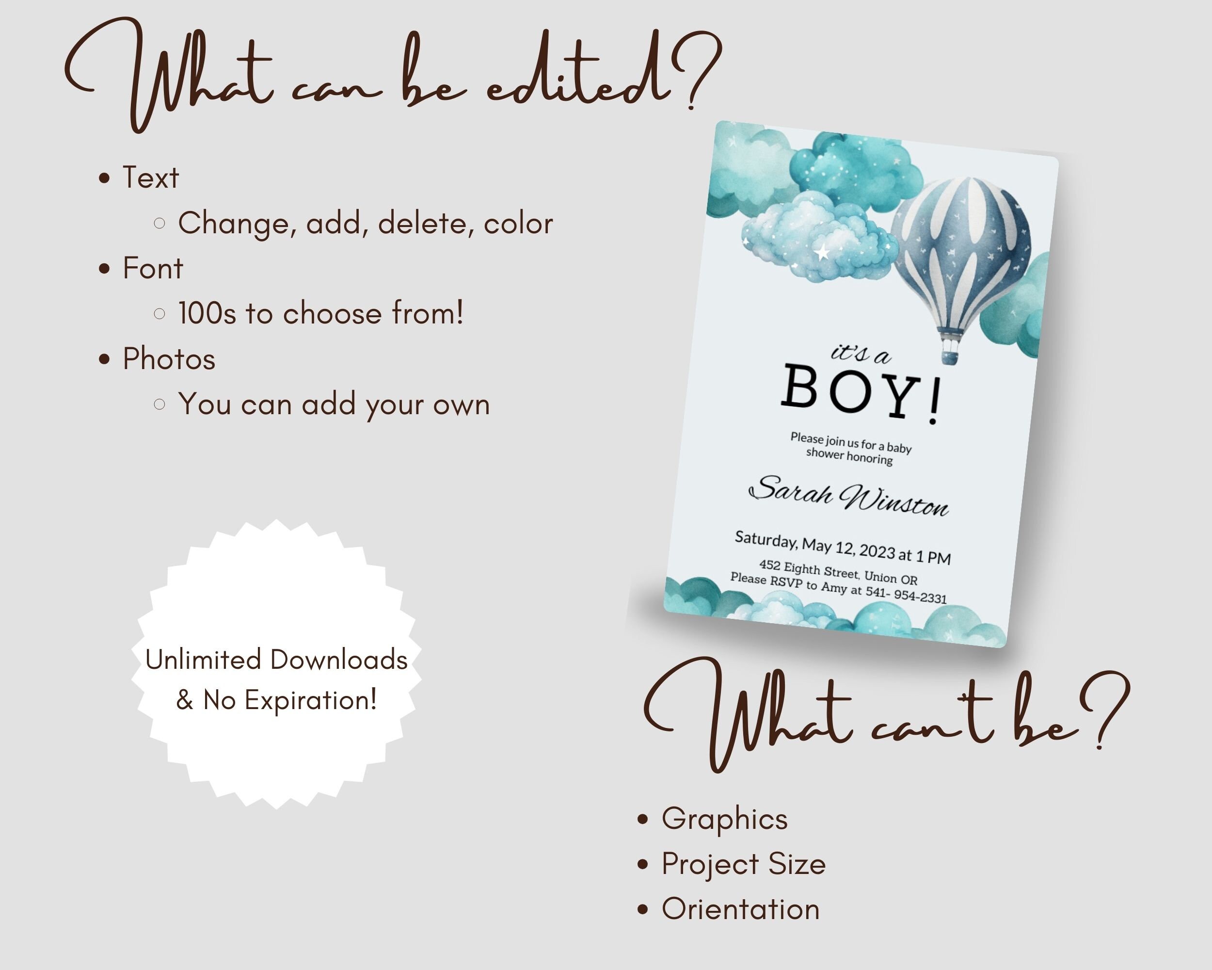 Blue Hot Air Balloon Baby Shower Invitation Oh Boy Invite It S A Boy Digital Editable