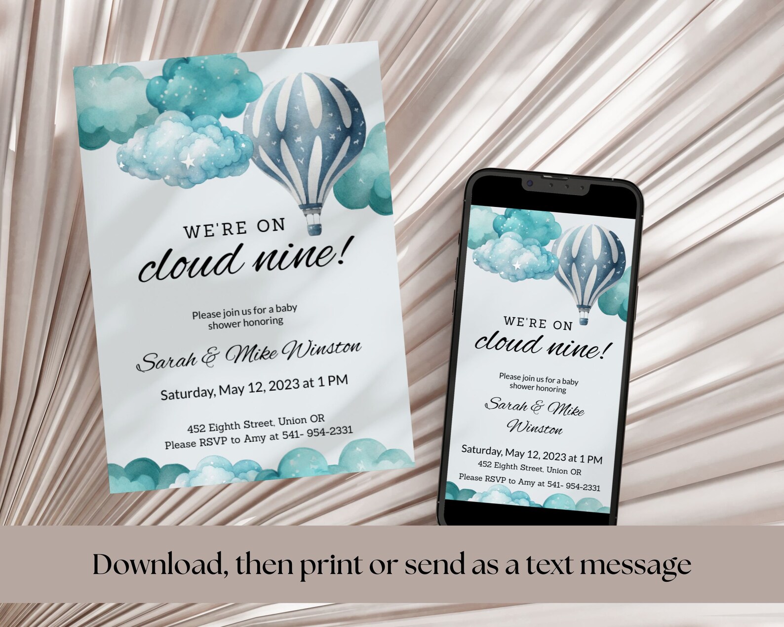Blue Hot Air Balloon Baby Shower Invitation Oh Boy Invite It S A Boy Digital Editable