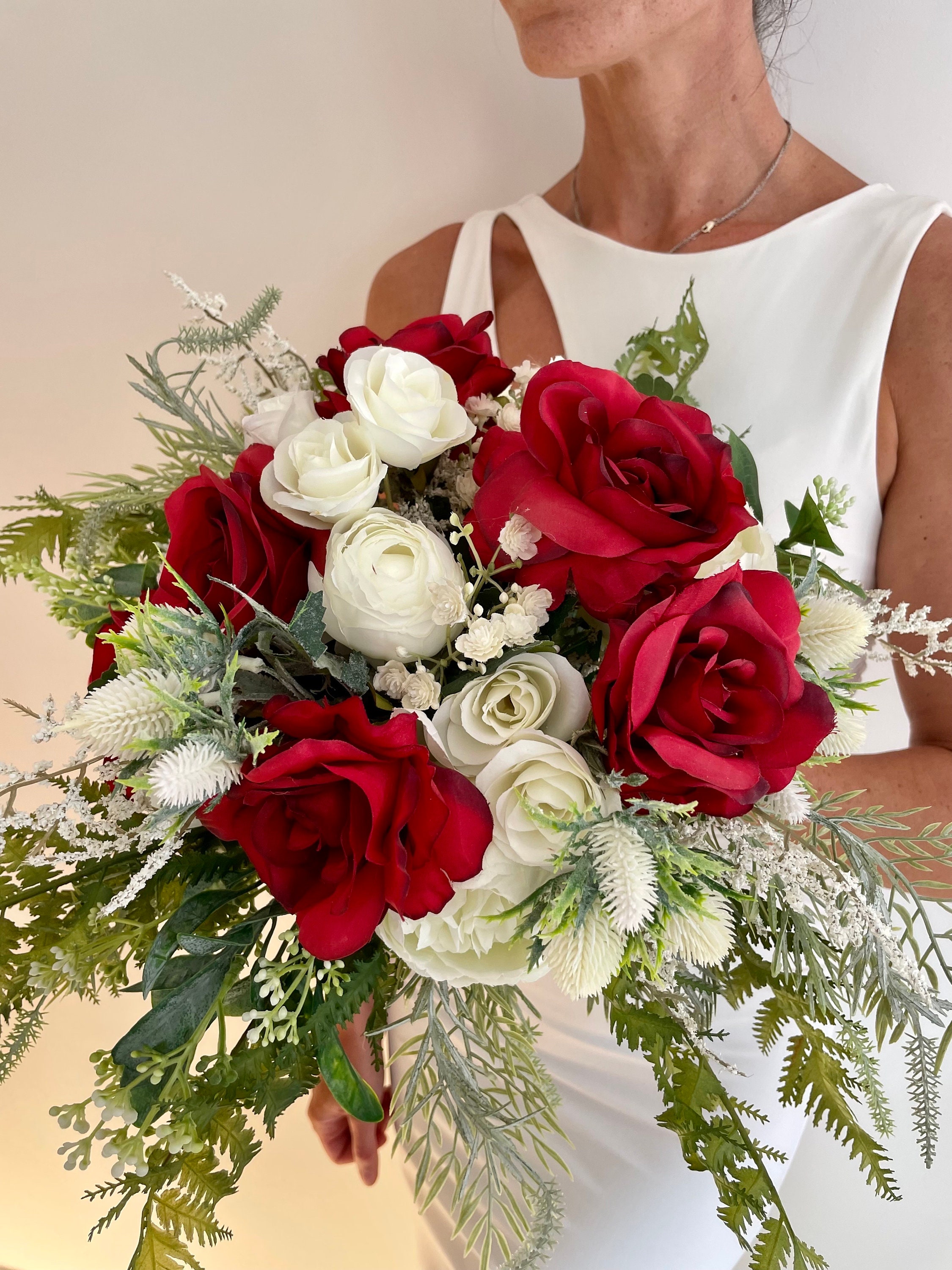 Red & White Luxury Artificial Bridal Bouquet, Customisable Wedding Flowers