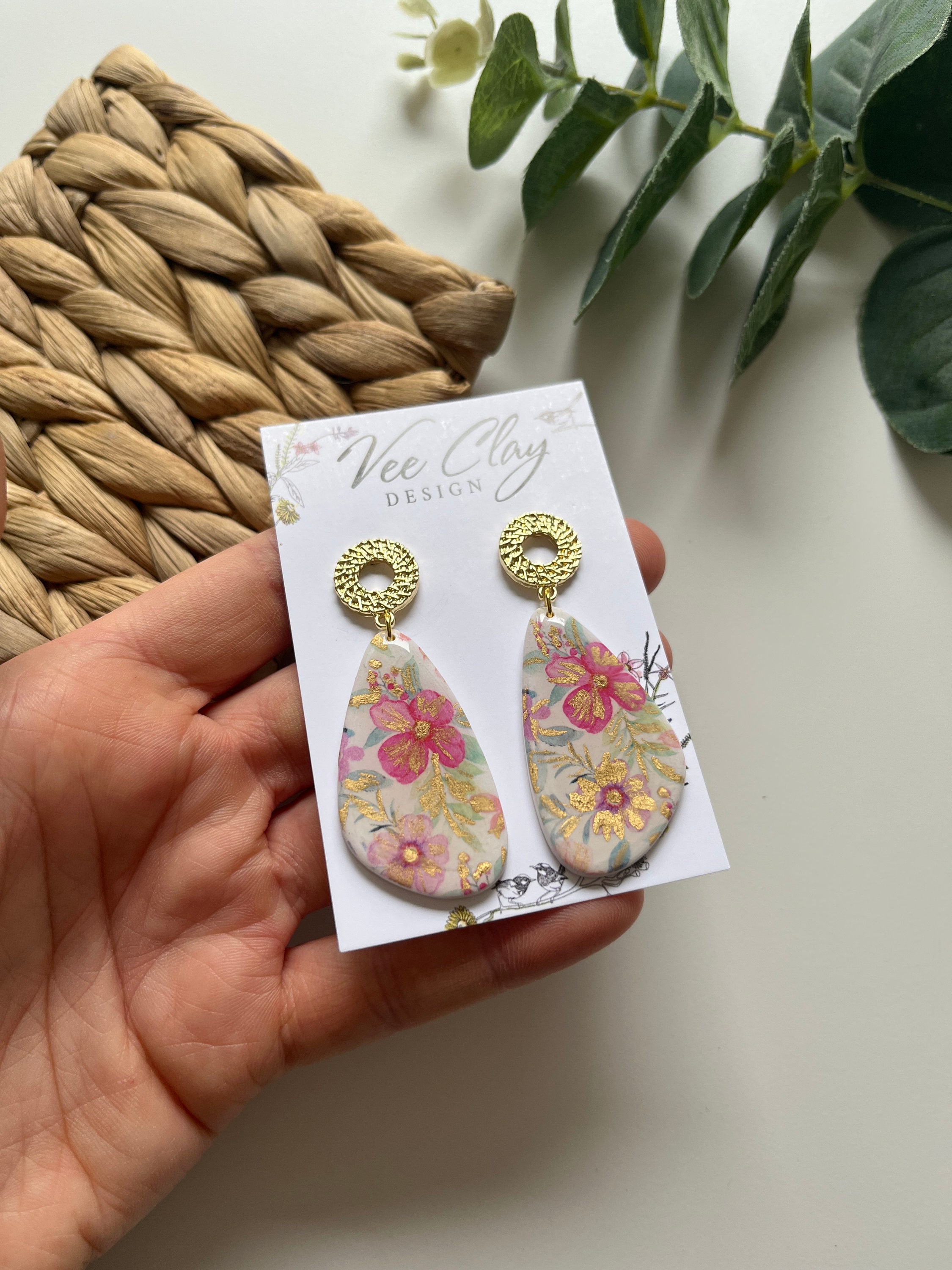 Teardrop Flower Water Colour Polymer Clay Earrings[?] Botanical Earrings[?]Polymer Earrings[?]statement Earrings[?]Floral[?]Handmade[?]Lightweight