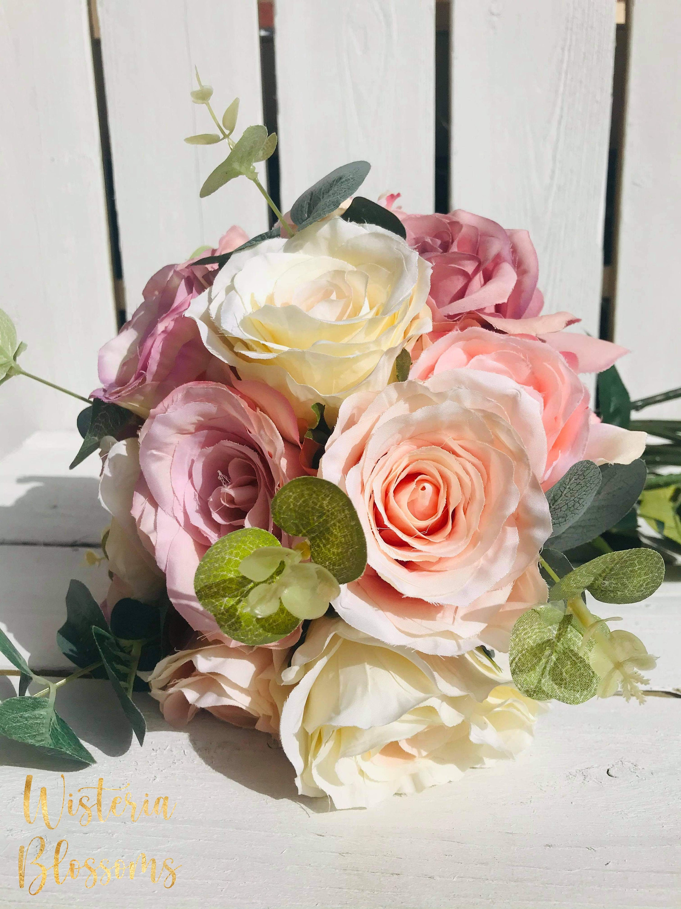 stunning Real Touch Peach/Blush Rose Wedding Bouquet/Arrangement