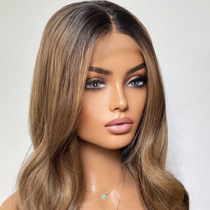 Balayage Mixed Bronzy Blonde Heat Safe Lace Front Synthetic Wig Dark Roots Long Bouncy Wavy