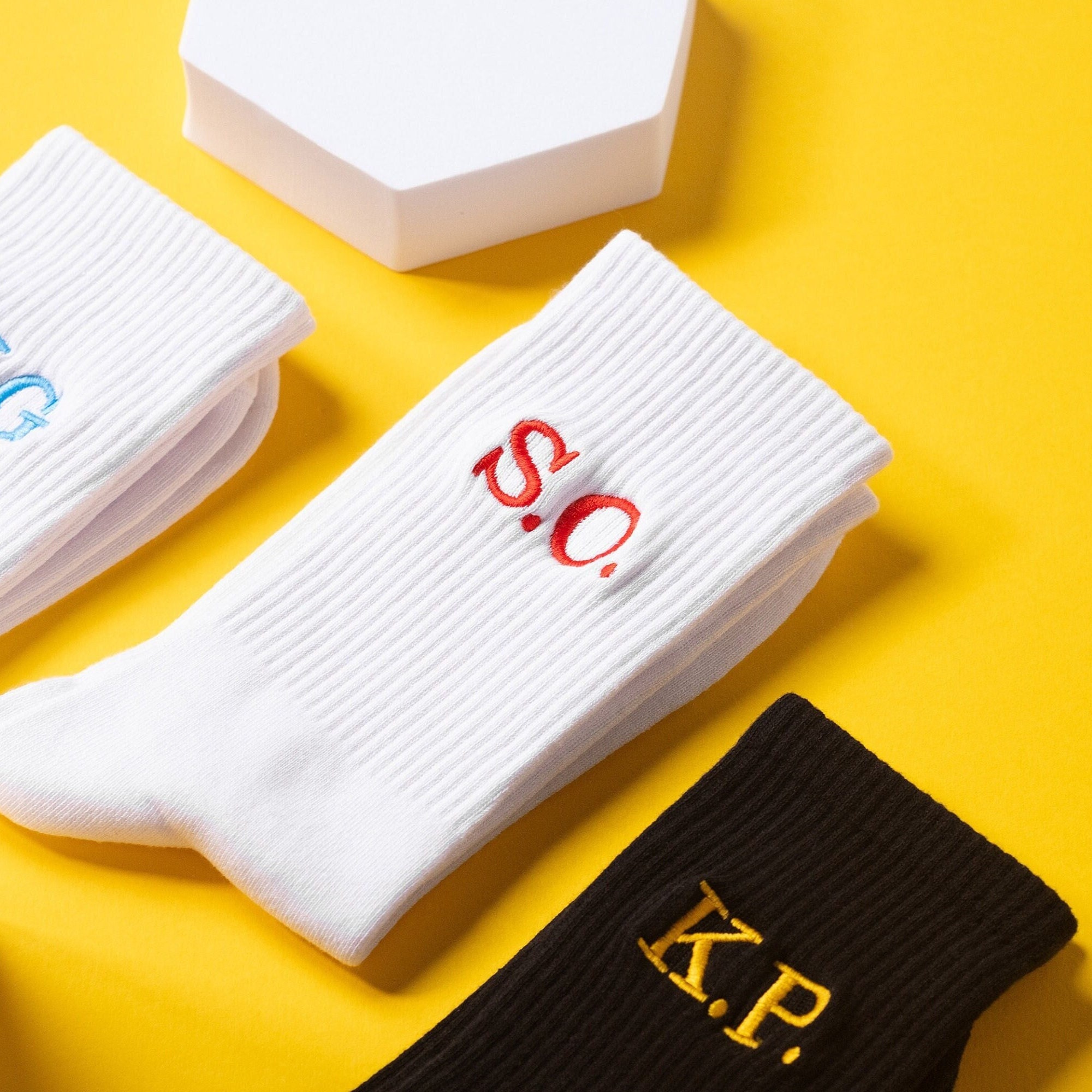Personalised Initials Socks - Custom Embroidered On Unisex Cotton Crew Made To Order & in Britain