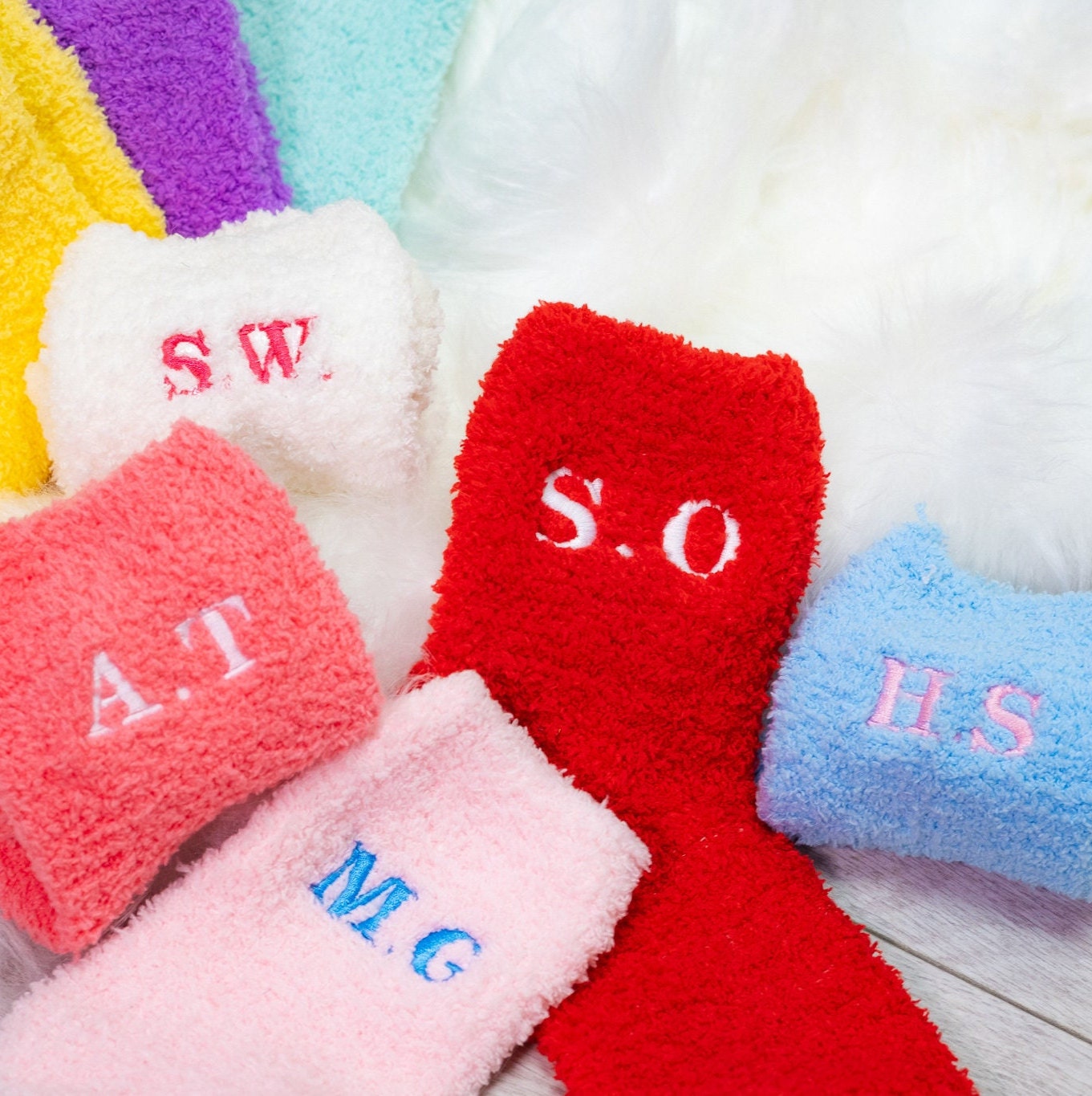 Custom Embroidered Initials Socks - Warm Fuzzy Fluffy Unisex Sock UK Personalised Happy Personalized Gift Idea For Him & Her