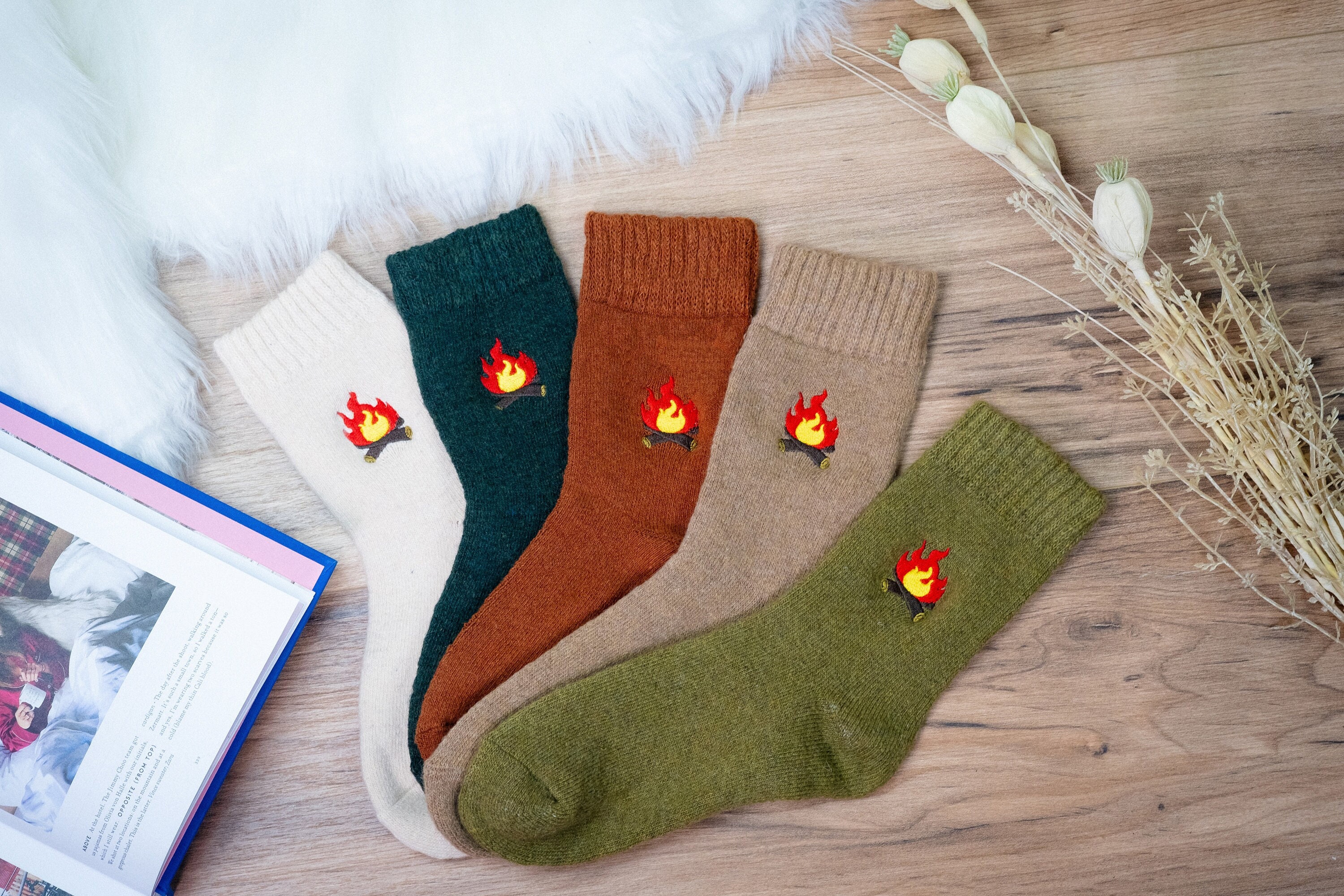 Embroidered Camp Fire Wool Socks - Winter Warm Fluffy Woollen Premium Quality One Size Unisex Happy, Cute, Cosy Gift Idea