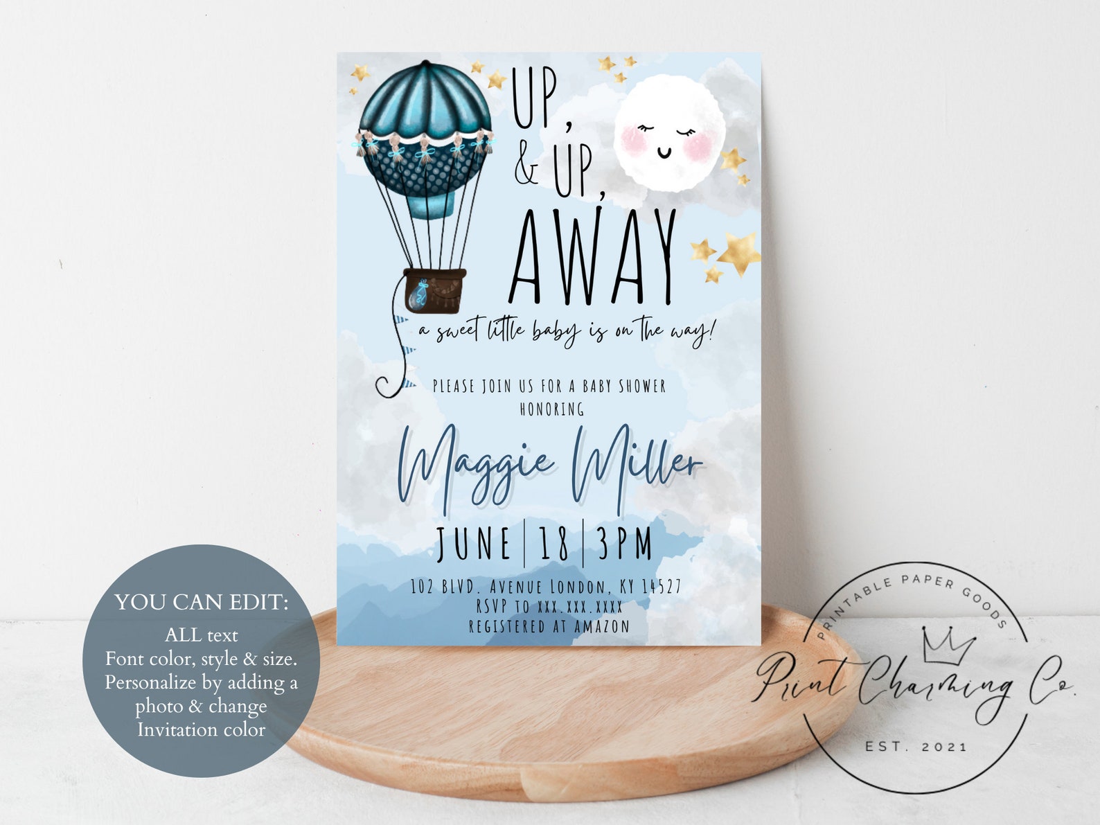 Editable Hot Air Balloon Baby Shower Invitation Digital Etsy