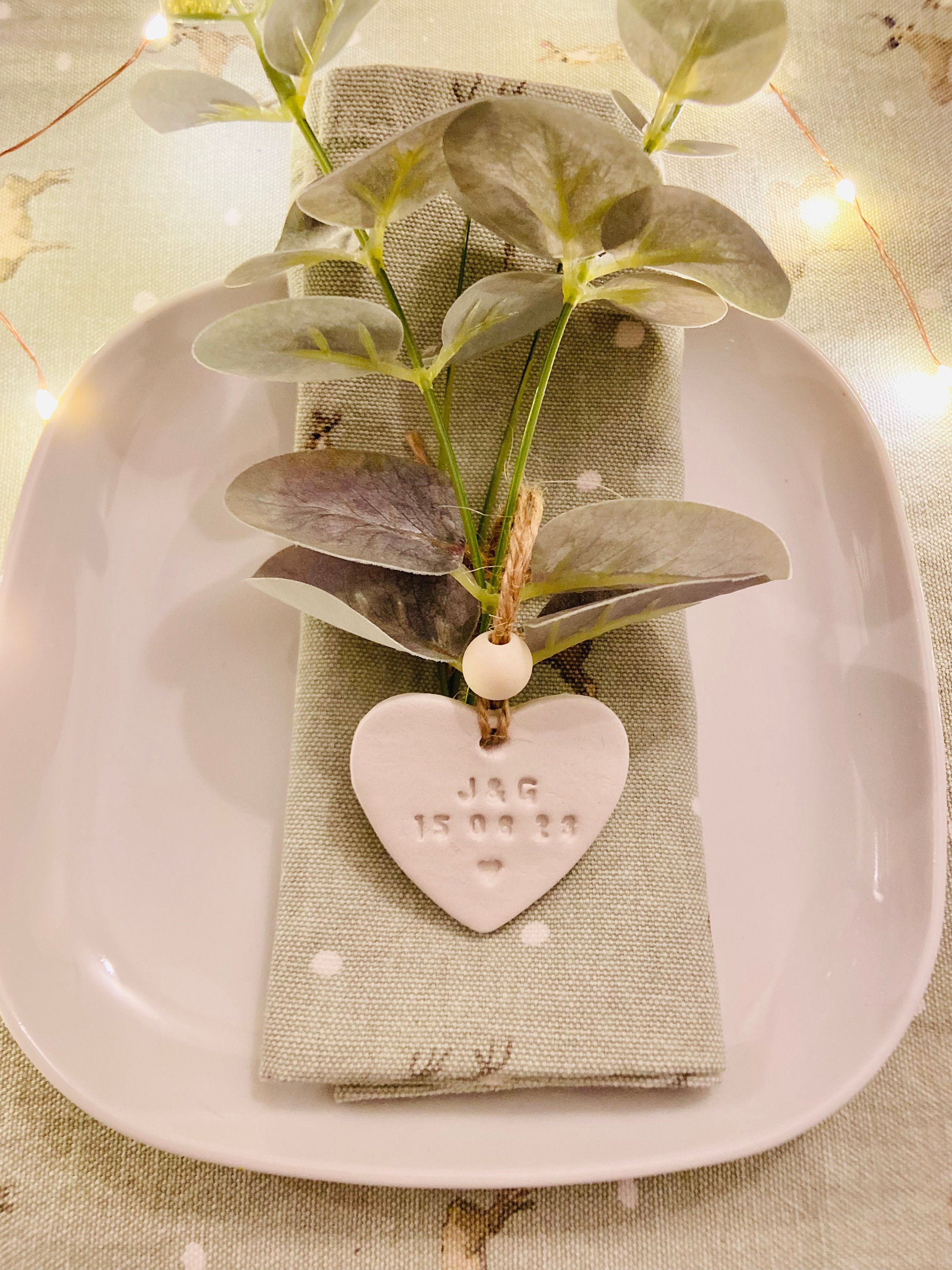 Handmade Personalised Clay Heart Wedding Favour Place Setting Decor