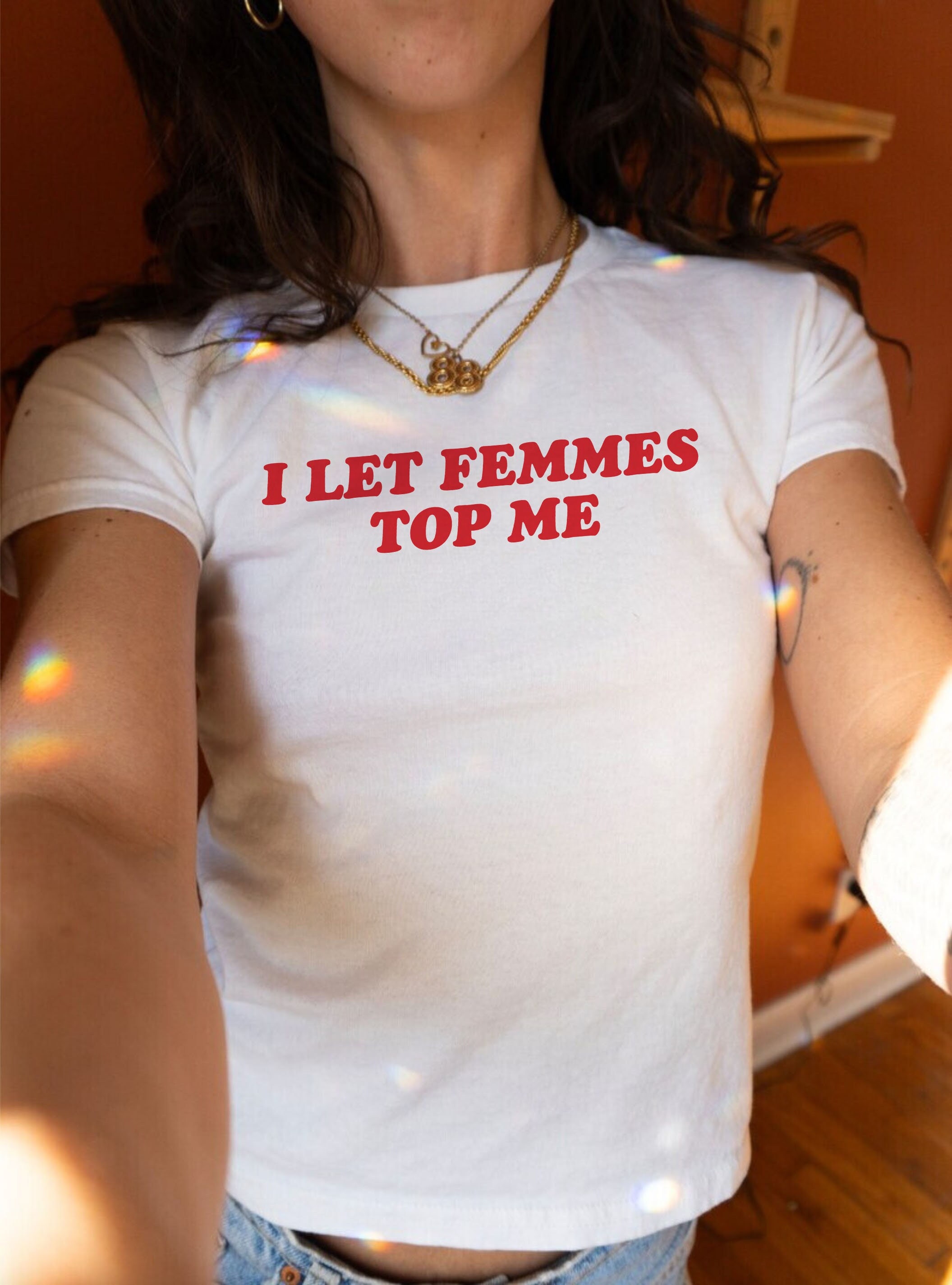 I Let Femmes Top Me Funny Lesbian Baby Tee Bisexual Pride Shirt LGBTQ Pride Month 90s Retro