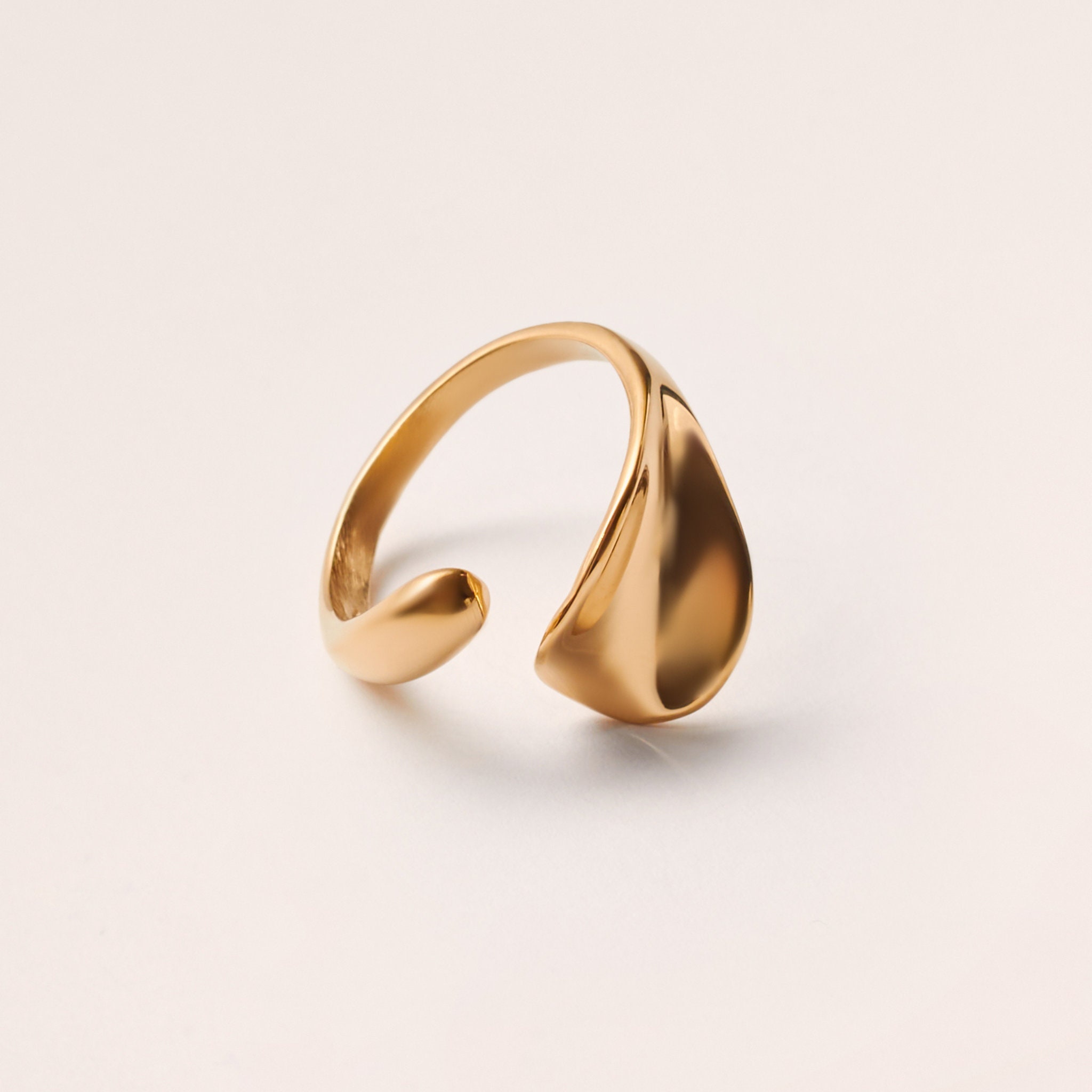 Waterproof Sculptured Open Ring - 18K Gold Plated Stainless Steel Statement Adjustable Chunky Everyday