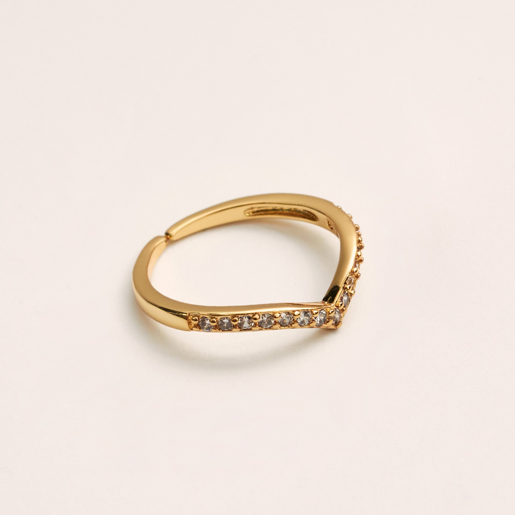 Diamond Chevron Ring - Dainty 18K Gold Thin Wishbone Stacking Curved Band Simple Everyday Minimal V Shaped