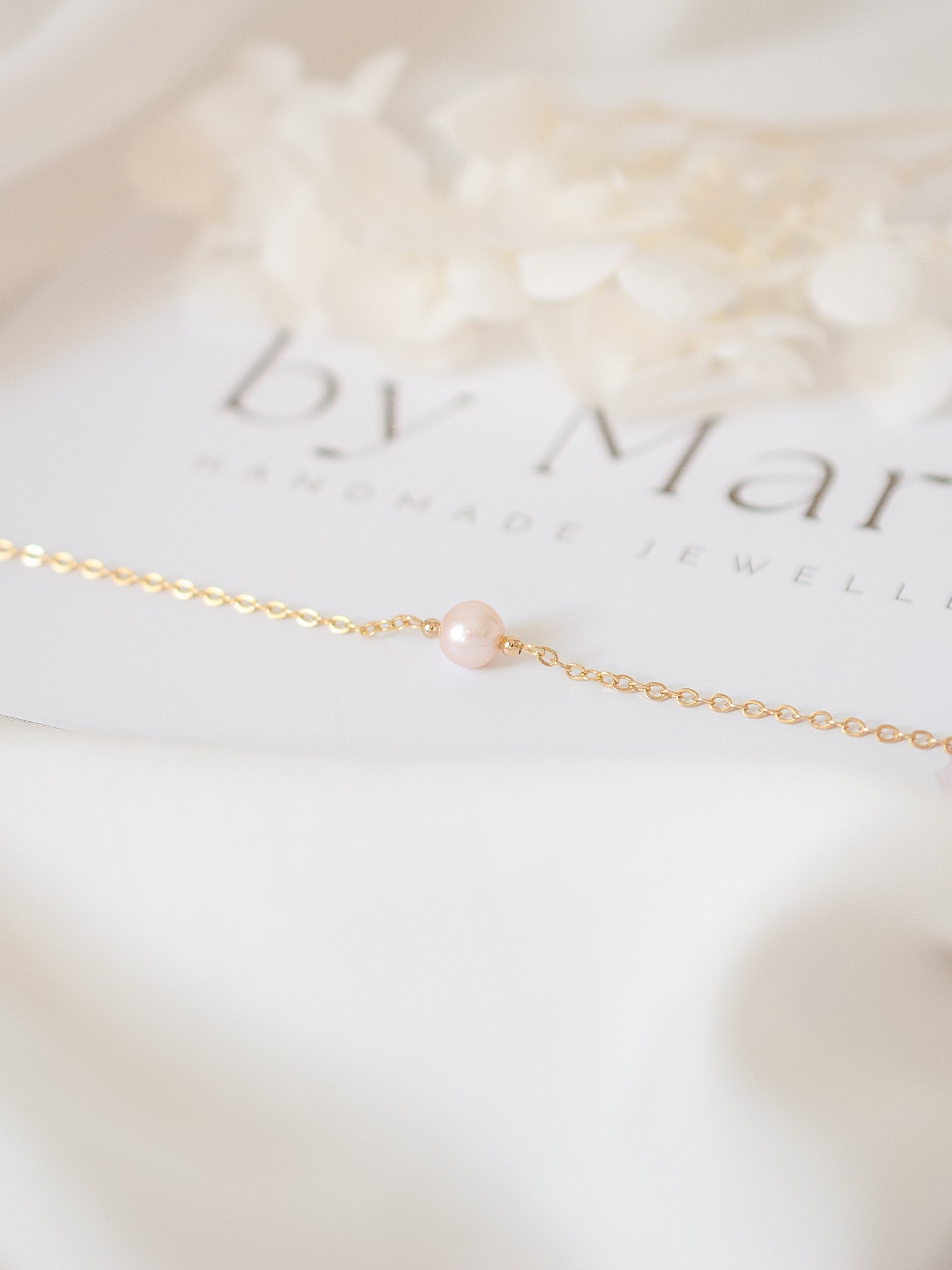 Pink Freshwater Pearl Bracelet L 14K Gold Filled Cable Chain & Details