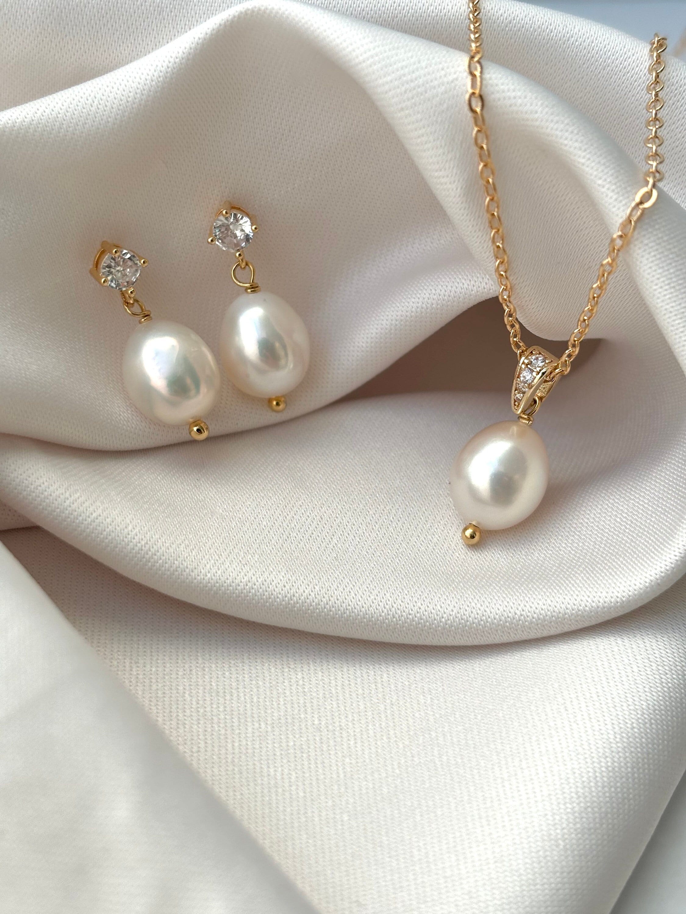 Pearl Bridal Jewellery Set, Gold Diamond & Pearl Necklace, Dainty Freshwater Necklace With Cable Chain, Wedding