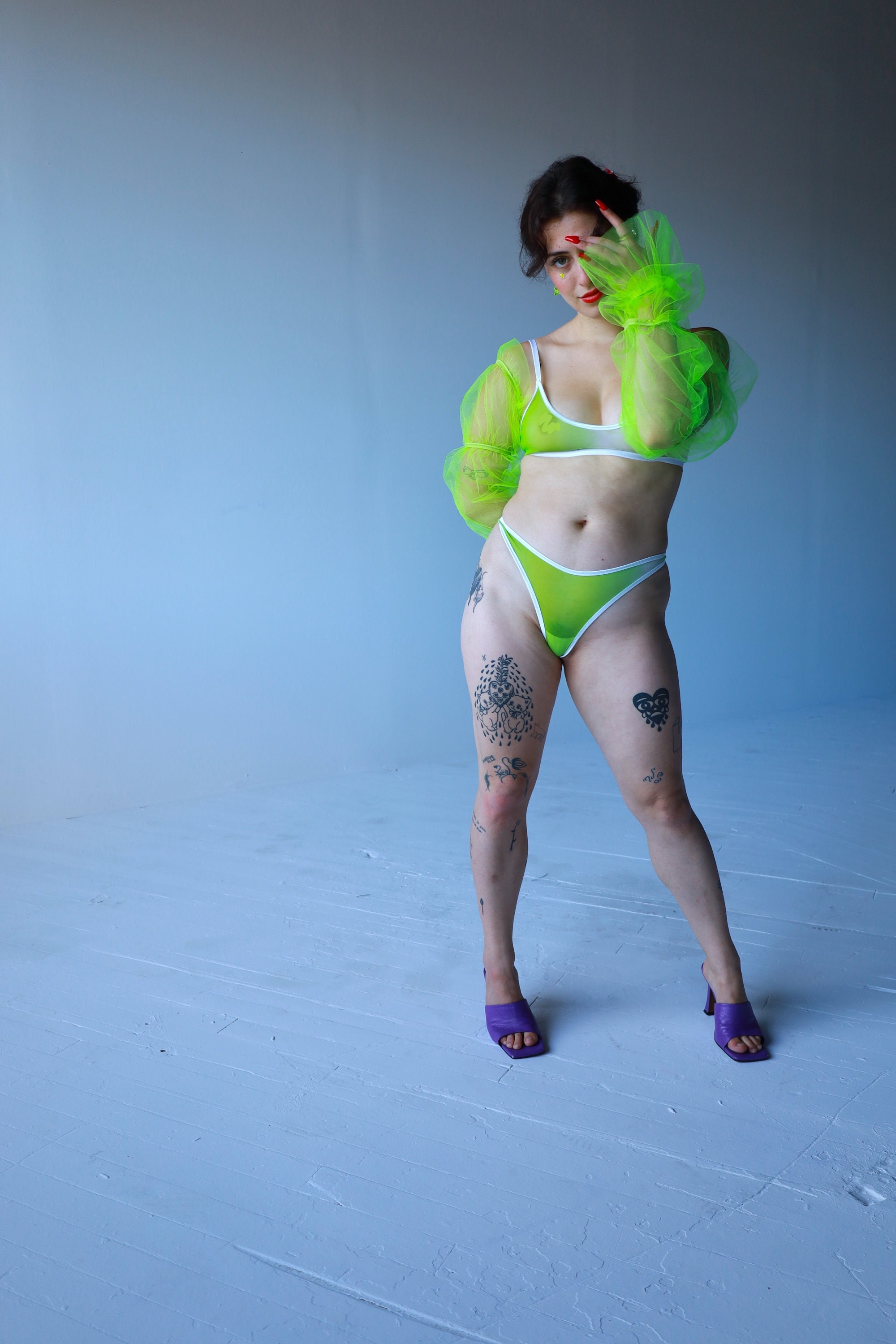 Sheer Neon Lingerie Set Lime Green Panty Bralette High Cut Mesh Thong And Sexy Open Back Bra