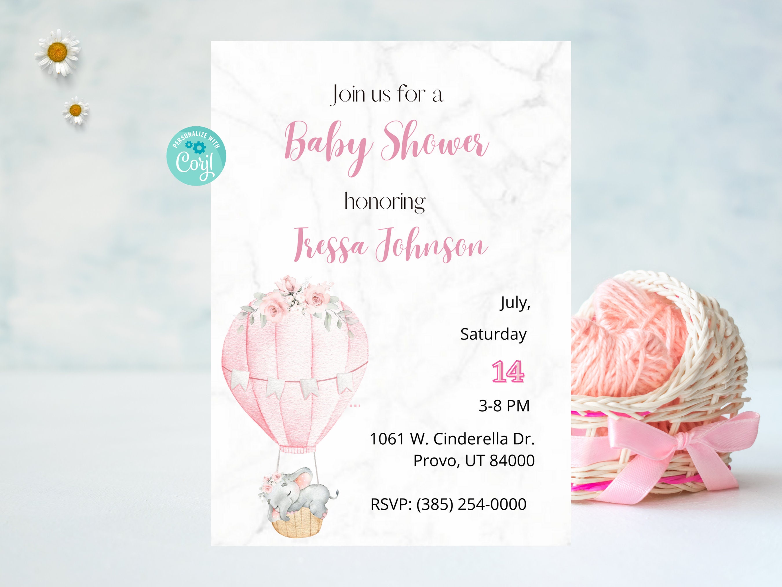 Elephant Air Hot Balloon Baby Shower Invitation It S My Girl Party Pink Theme Digital Instant