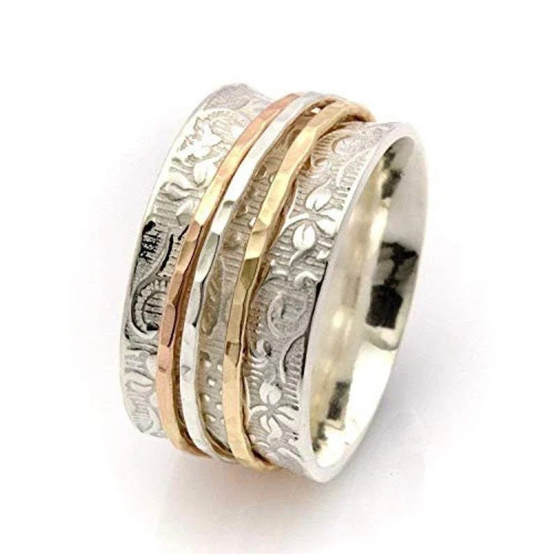 Three Tone Spinner Ring Sterling Silver Spinner Rings Etsy