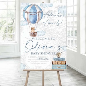 Editable Hot Air Balloon Baby Shower Welcome Sign Teddy Bear Shower Up Up Away Adventure Awaits