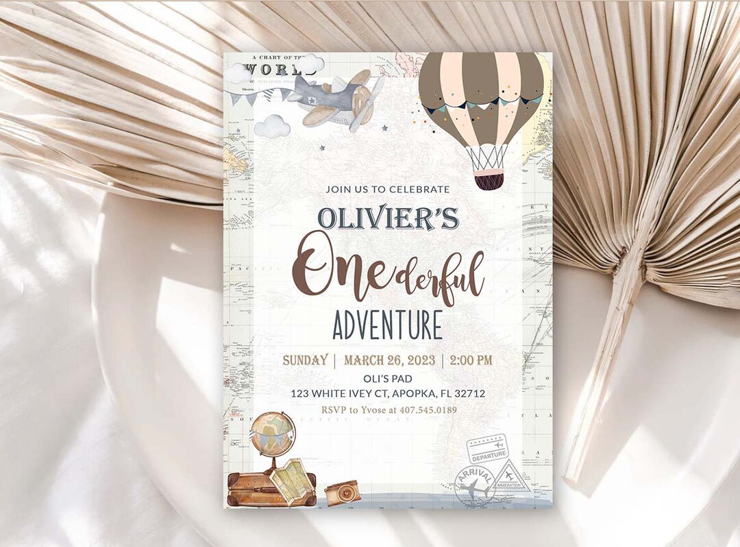 Up Up And Away Hot Air Balloon Baby Shower Invitation Blue Beige Tan Adventure Awaits Baby