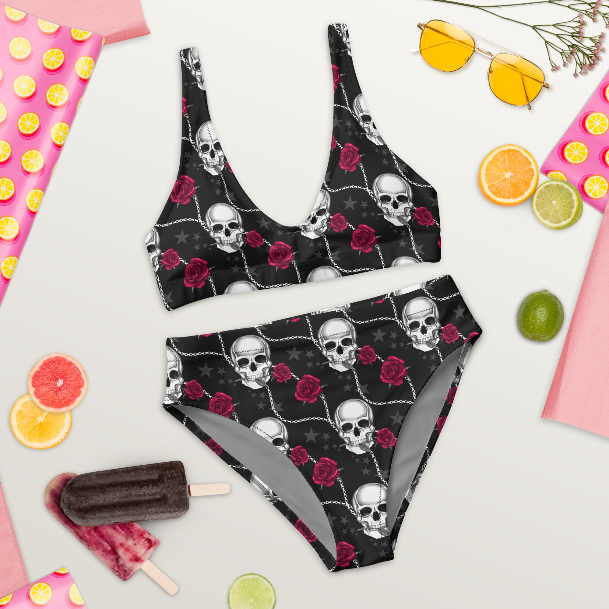 Goth Skull And Rose Recycled High Waisted Bikini Sustainable Clothing Goth Swimwear Y K