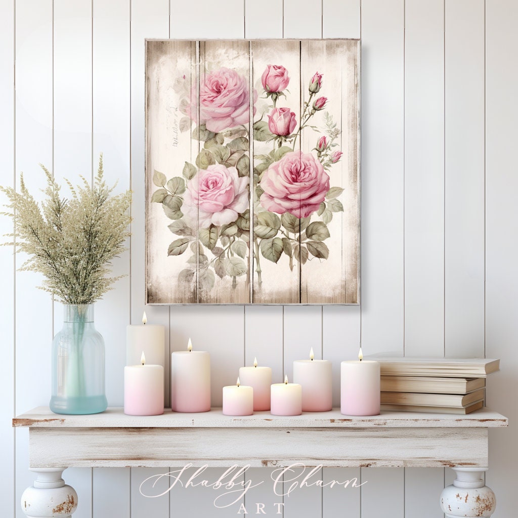 Shabby Chic White Wood Sign Wall Art Vintage Roses Cottage Style Floral